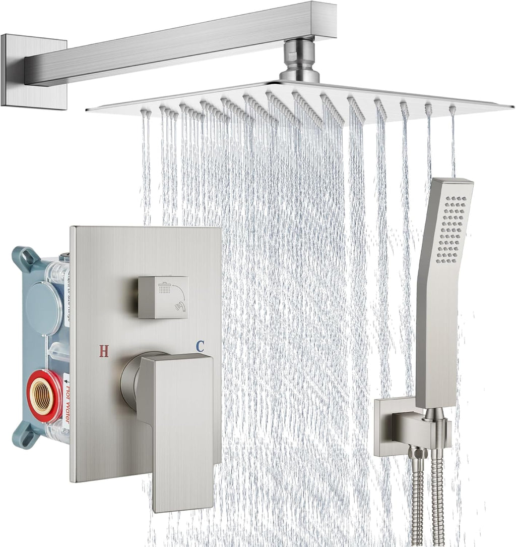 Aolemi Shower Faucet Set Rain Shower System with Handheld Spray Bathroom Shower Combo Rough-in Valve and Shower Trim Kit Included Brushed Nickel 10 Inch Wall Mount Shower Head