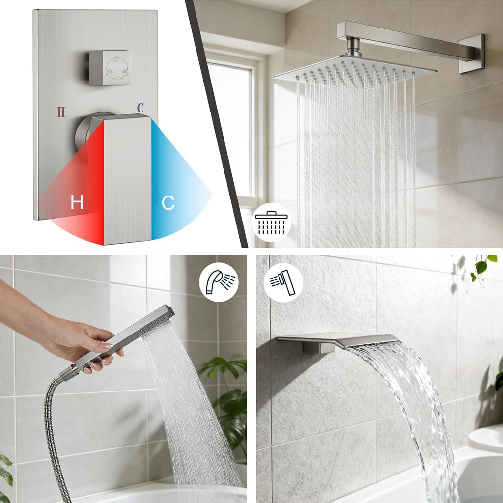 Midanya Shower System with Tub Spout,Bathtub Shower Faucet Set with Square Rainfall Head and Handheld Sprayer Wall Mount Tub Faucet Set with Valve and Trim Kit,12 Inch Brushed Nickel