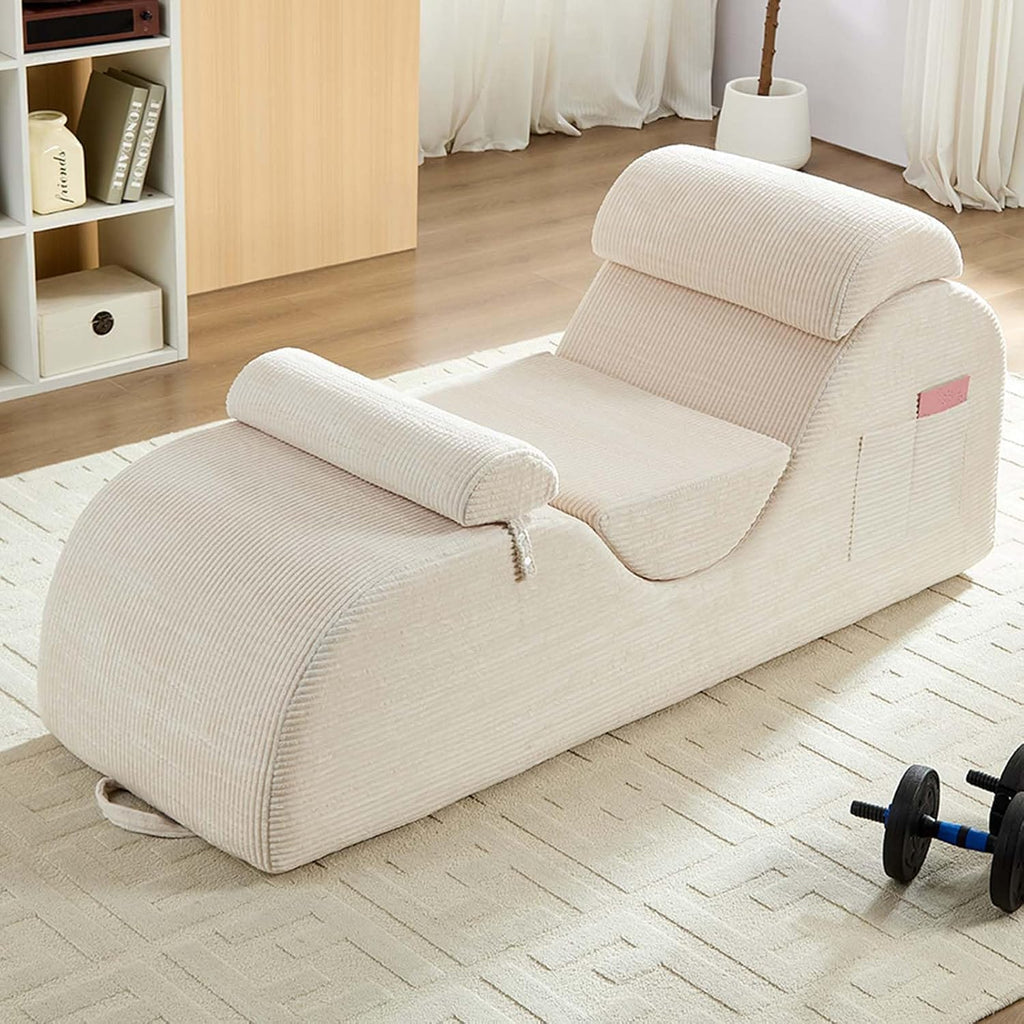 ijuicy 25' Wide Corduroy Yoga Chair, Ergonomic Stretch Chaise Lounge Chair Indoor, Reading Chair with Headrest, Waist Cushion, Movable Footrest, Side Pockets, High Density Sponge-Beige
