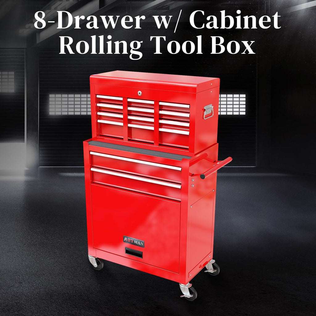 High Capacity Rolling Tool Chest with 8-Drawer Tool Box on Wheels Multifunctional Tool Cart Mechanic Tool Storage Cabinet for Garage, Warehouse, Workshop, Repair Shop (Red)
