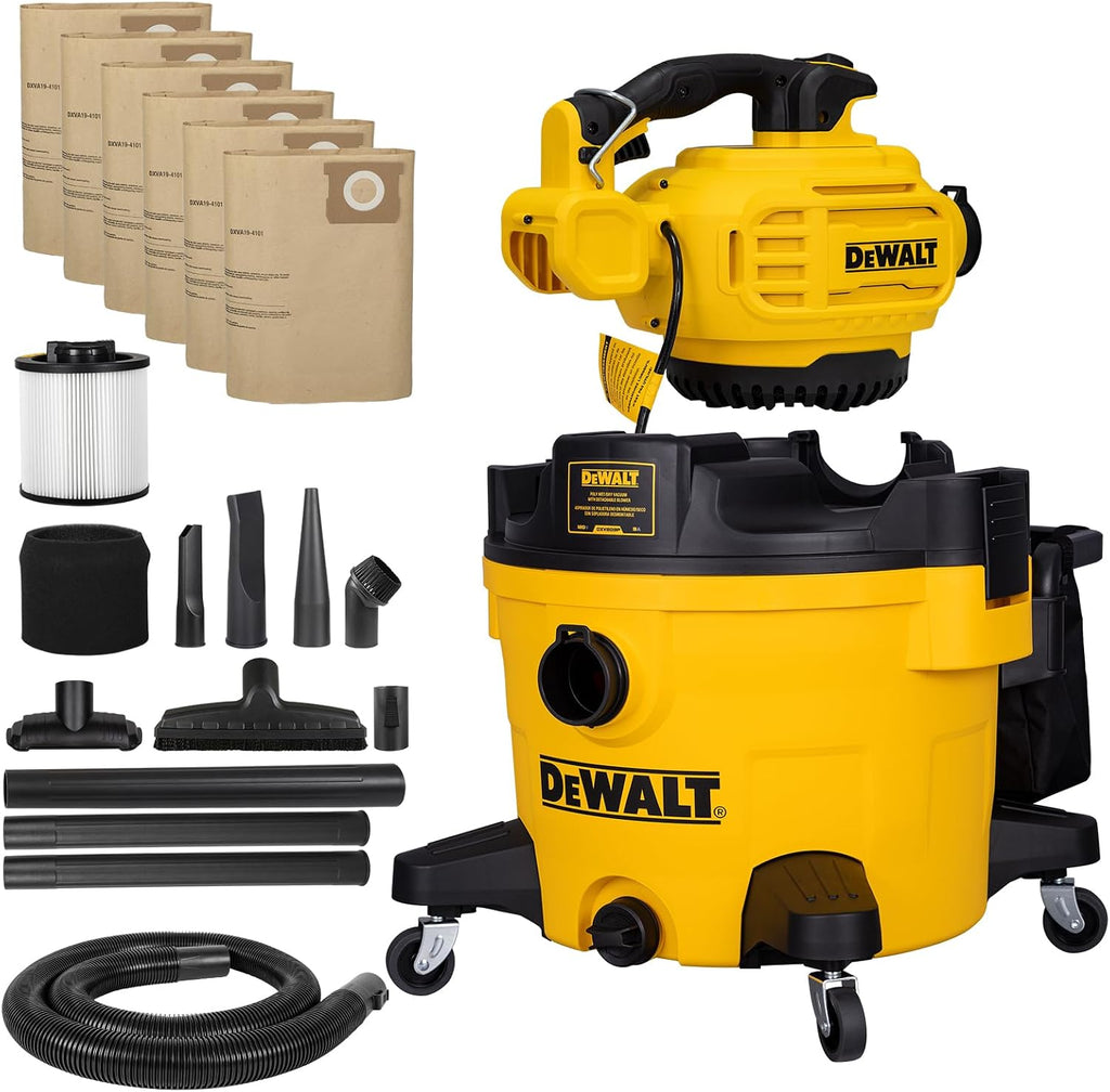 DEWALT Shop Vacuum Wet and Dry, 9 Gal 5 HP Shop Vac with Detachable Blower, Complete Full Set of Accessories & Storage Bag Design, Wet Dry Vacuum Cleaner for Garage Workshop Lawn Yard Patio, DXV209PC