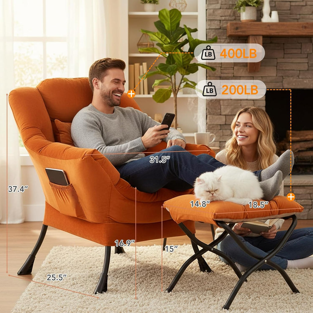 Tangerine Lazy Chair with Ottoman, Large Velvet Accent Chair with a Throw Pillow, Comfy Leisure Sofa Chair for Living Room Bedroom Dorm Room Office Apartment Reading Relaxing Use