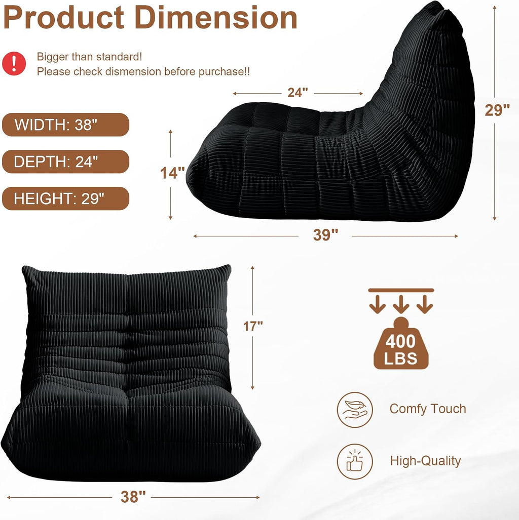 Bean Bag Chair for Adults, Giant Bean Bag Chairs with Lumbar Pillow, Oversized Corduroy Memory Foam Boneless Chair with High-Rebound, Lazy Floor Sofa for Reading Gaming Living Room Bedroom, Black