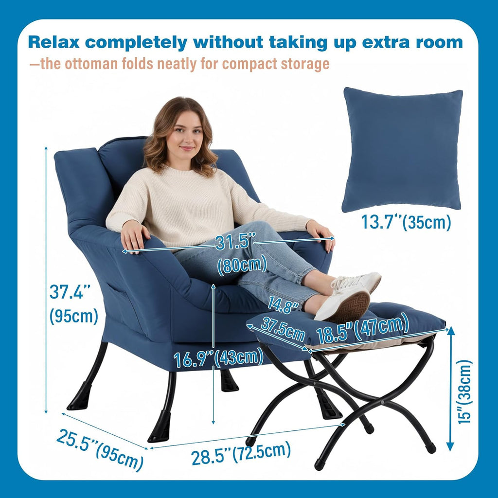 Lazy Chair with Ottoman, Reading Chair with a Pillow, Leisure Sofa Armchair with Ottoman, Large Accent Chair for Bedroom, Living Room, Dorm Room, Peach Royal Blue