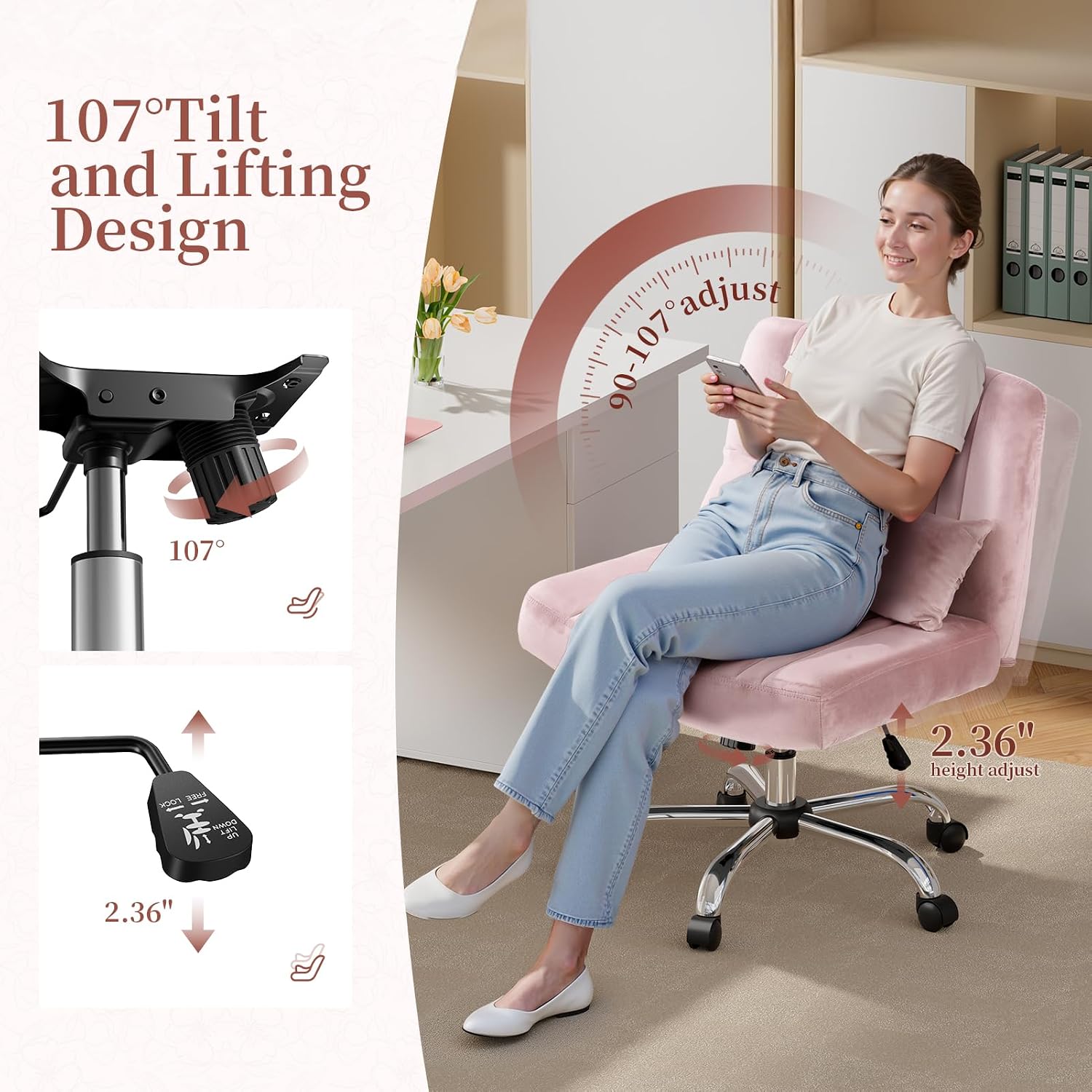 Velvet Criss Cross Chair with Wheels, Luxury Cross Legged Office Chair, Comfy Desk Chair for Home Office, Wide Seat Computer Chair, Armless Vanity Chair, Birthday Gift for Girls & Women, Blush Pink
