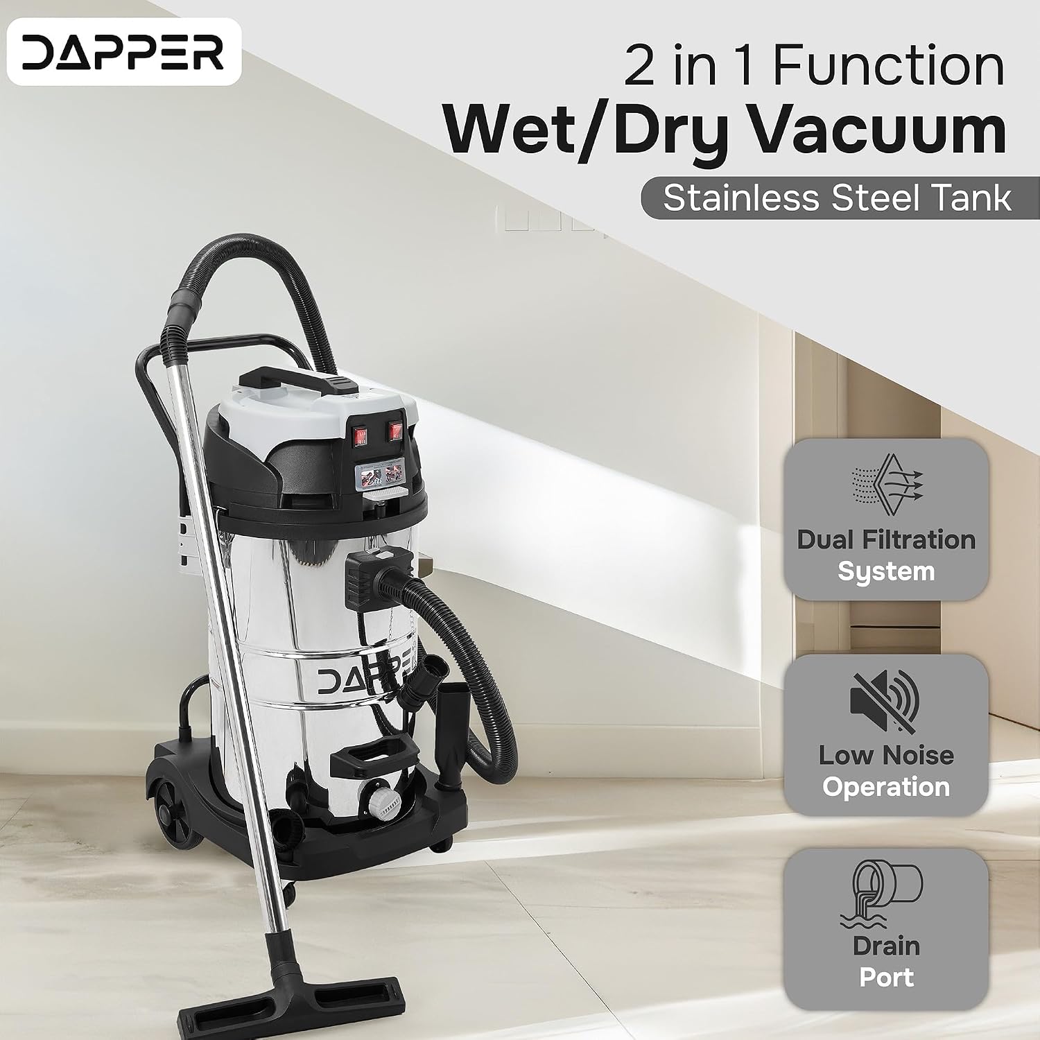 Dapper Supply 21 Gallon 8.5 Peak HP Wet/Dry Vacuum, Stainless Steel Tank, 2 in 1 Function Portable Shop Vacuum with Attachments, Built-in Drain Ideal for Jobsite, Garage & Workshop.