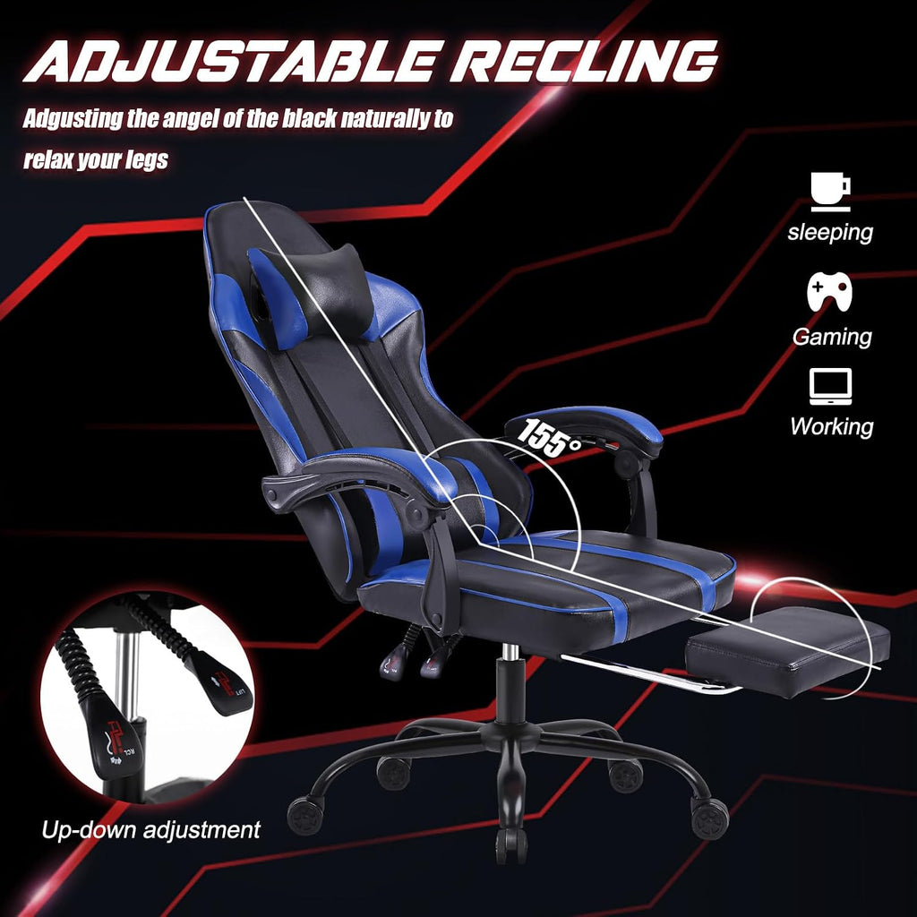 450lbs Big and Tall Gaming Chair with Footrest – Heavy Duty Wide Seat Video Game Chair for Adults, Reclining PU Leather High Back Computer Office Desk Chair with Lumbar Support (Model F, Black+Blue)