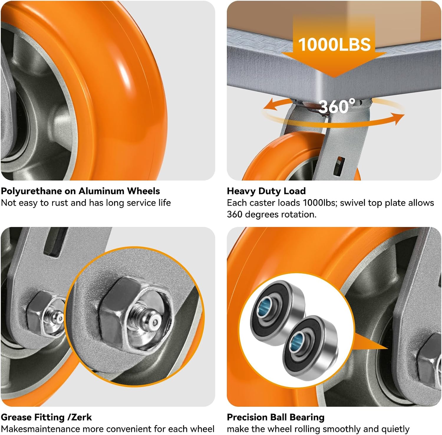 Caster Wheels, 5' Heavy Duty Industrial Swivel Caster, Crowned Tread Aluminum Core Thickened Polyurethane Casters Set of 4 with Load 4000lbs Capacity, Wheels for Cart Toolbox (4 Swivel)
