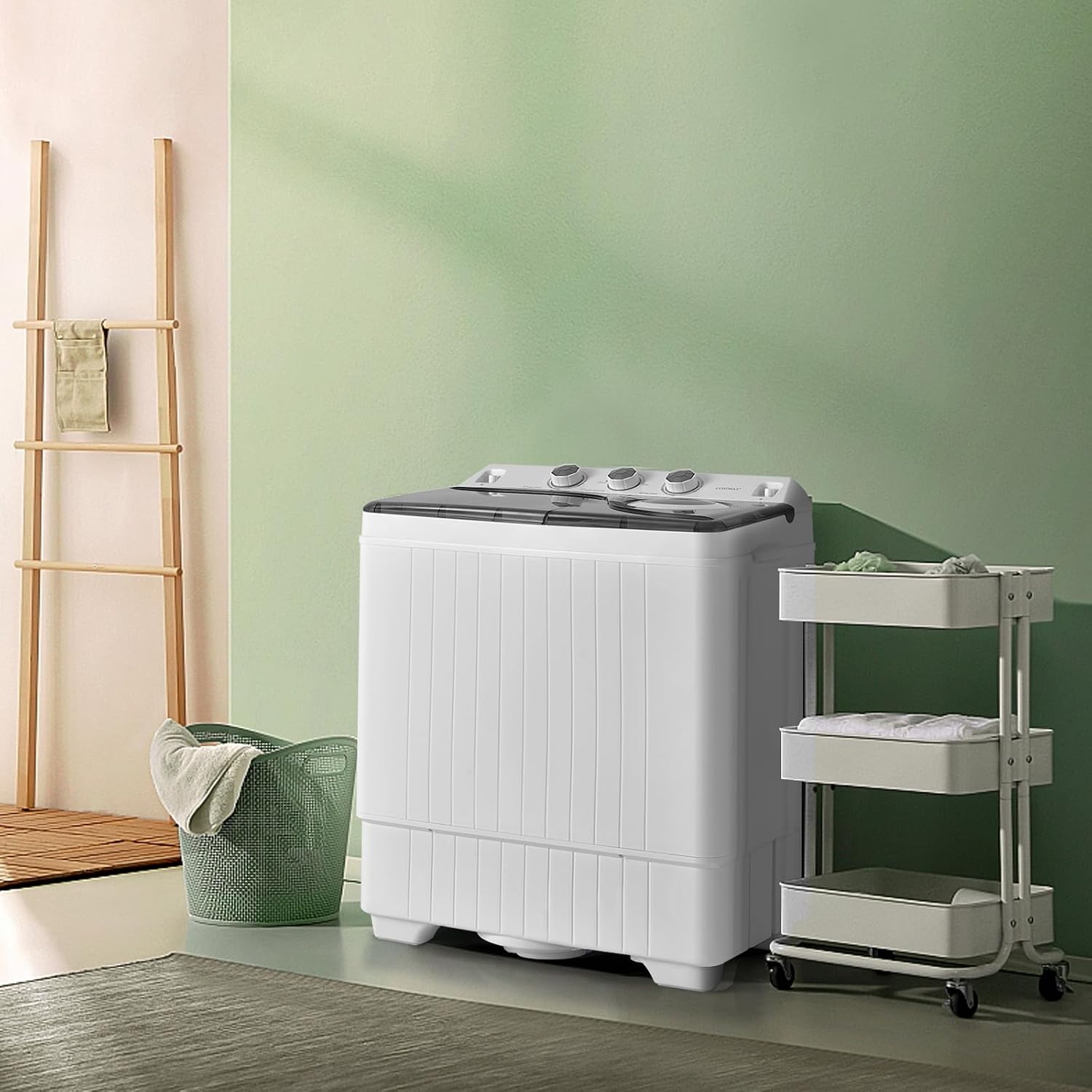 COSTWAY Portable Washing Machine, 2-in-1 Twin Tub 26lbs Capacity Laundry Washer(18lbs) and Spinner(8lbs) with Control Knobs, Timer Function, Drain Pump, Perfect for Home Apartment RV, Grey