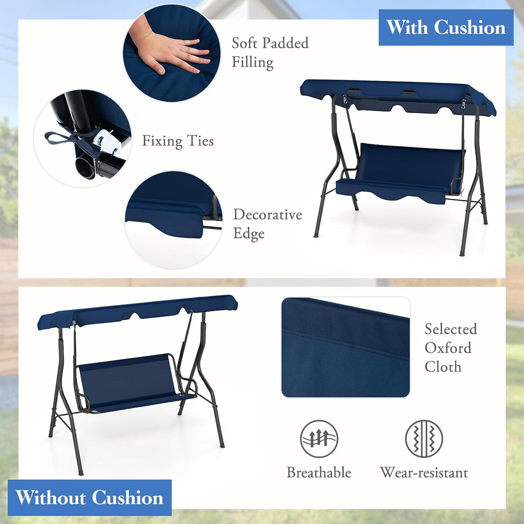 DREAMADE Porch Swing Outdoor, 3 Person Patio Swing w/Removable Cushion, Stand & Adjustable Canopy, Heavy Duty Swing Chair for Patio, Garden, Courtyard, Poolside