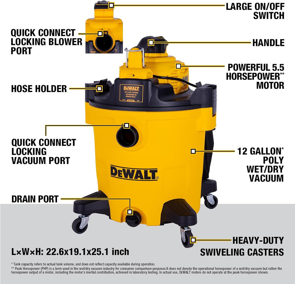 DEWALT 12 Gal Shop Vac, 5.5 HP Wet Dry Vac with Detachable Blower, High-Capacity Cleaner for Garage, Car, Workshop & Outdoor Leaves, All-in-1 DXV212PA (Reusable Bag)