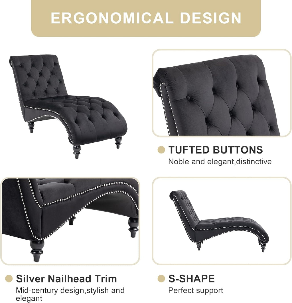 Velvet Chaise Lounge Indoor,Button-Tufted Upholstered Chaise Lounge Chair with Pillow for Bedroom Living Room Office Modern Backrest Leisure Recliner Sleep Sofa,Black