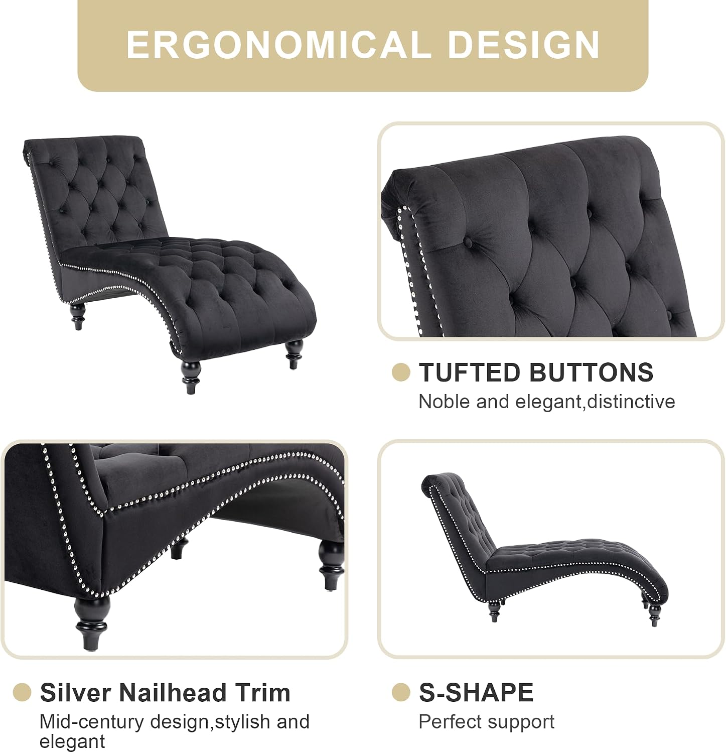 Velvet Chaise Lounge Indoor,Button-Tufted Upholstered Chaise Lounge Chair with Pillow for Bedroom Living Room Office Modern Backrest Leisure Recliner Sleep Sofa,Black