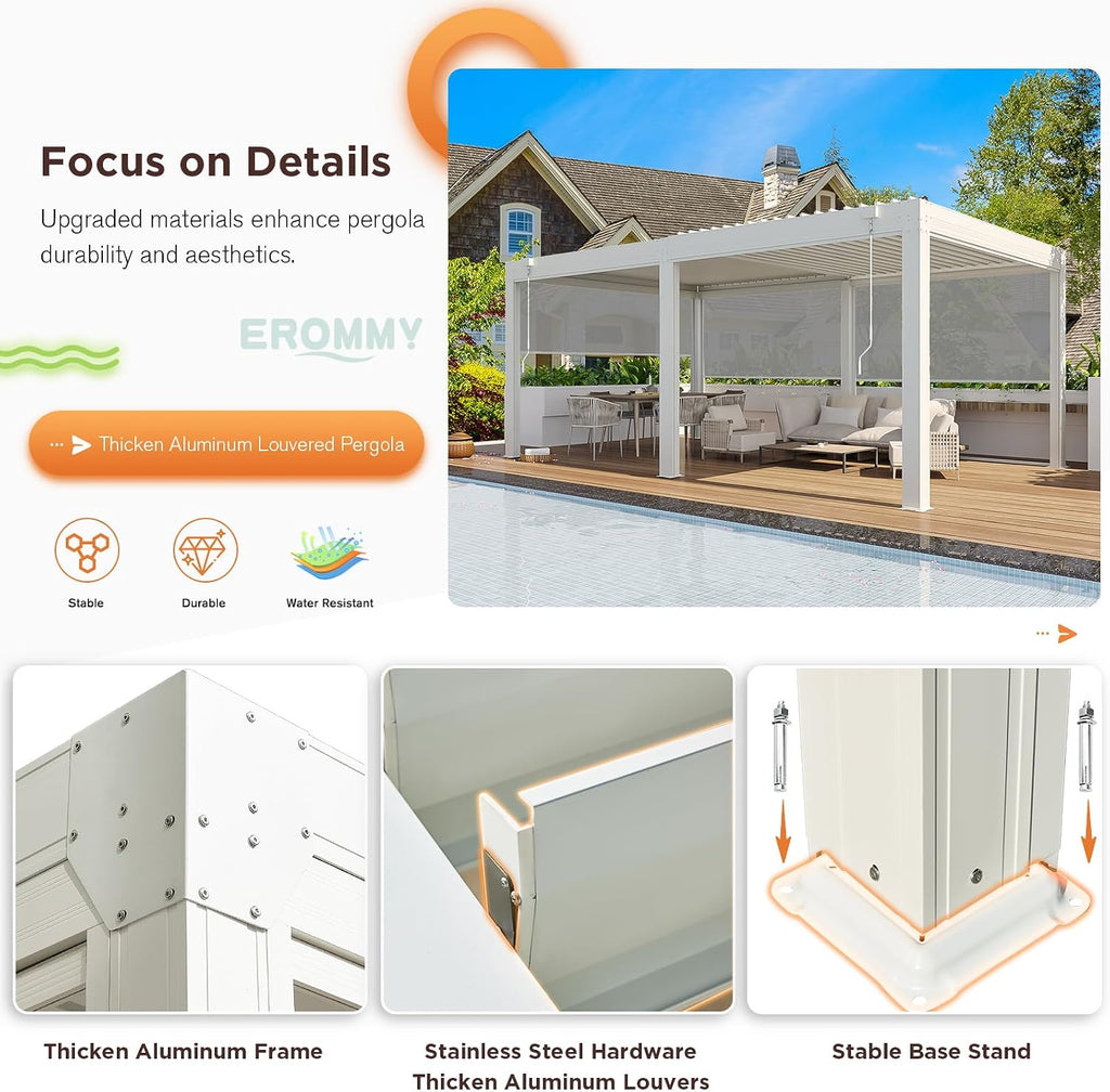 EROMMY 12x20 Louvered Pergola with Side Pull-Down Screen, Outdoor Aluminum Pergola with Thickened Frame and Adjustable Metal Rainproof Roof for Deck Patio Garden Yard, White