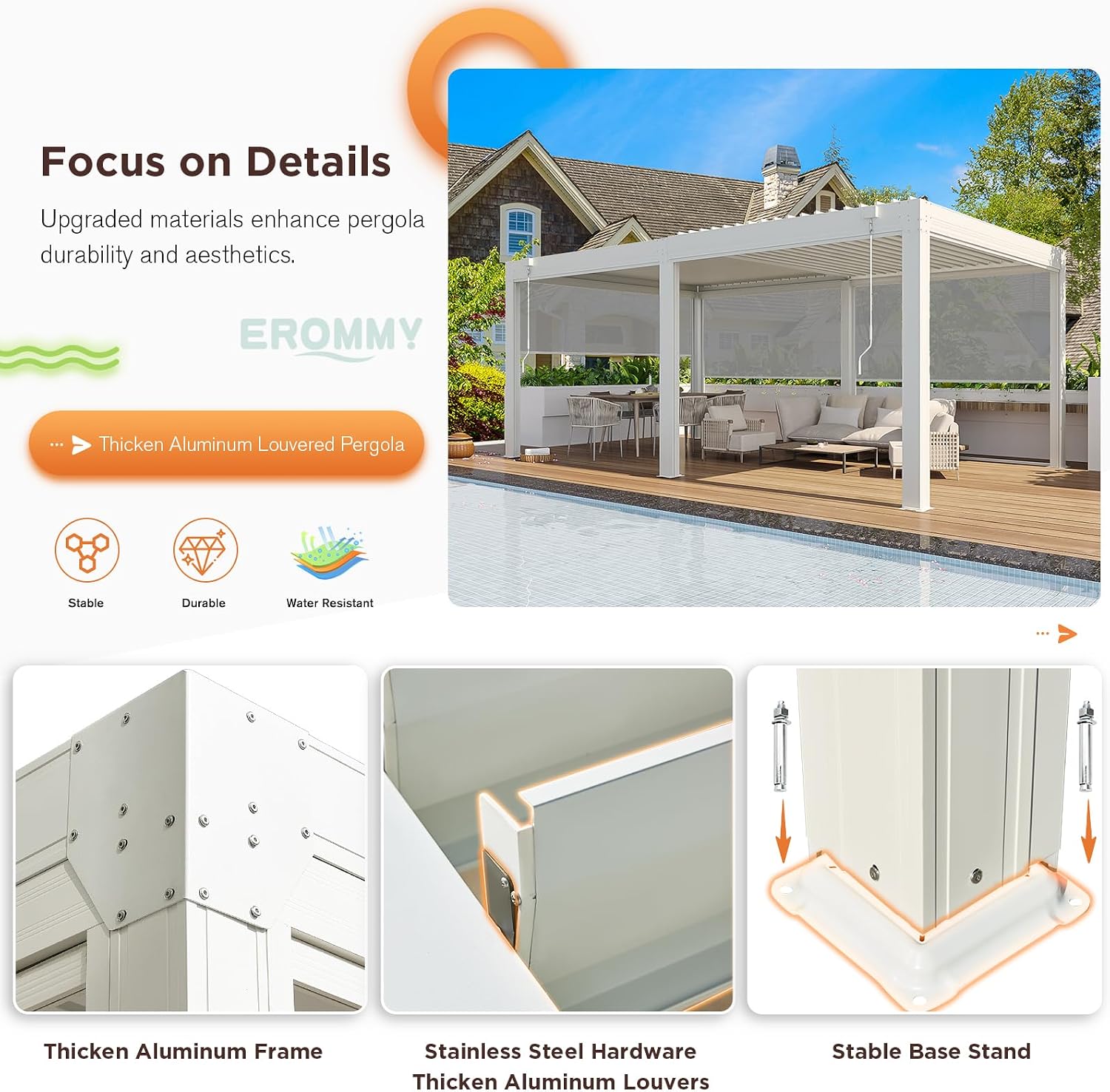 EROMMY 12x20 Louvered Pergola with Side Pull-Down Screen, Outdoor Aluminum Pergola with Thickened Frame and Adjustable Metal Rainproof Roof for Deck Patio Garden Yard, White