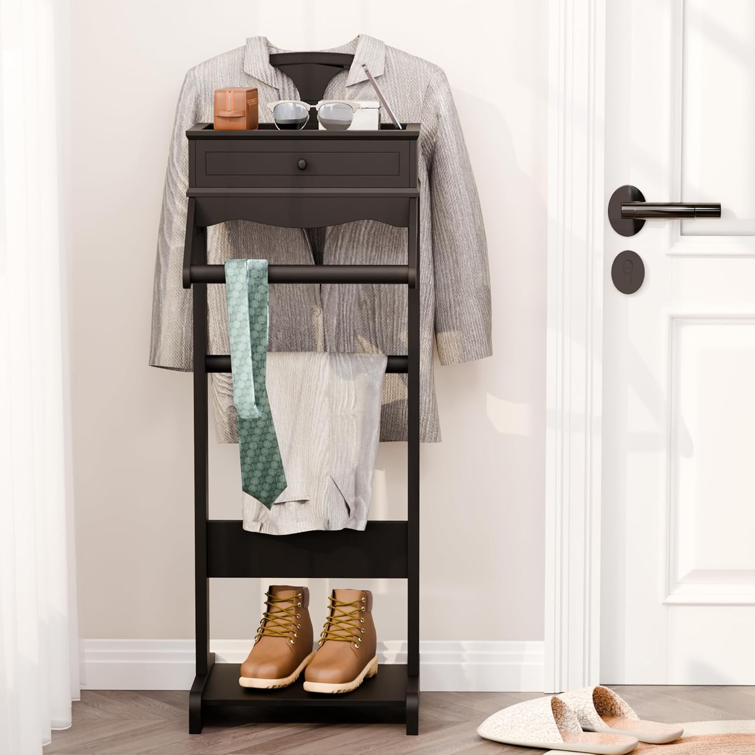 Mens Valet Stand with Drawer, Top Tray, Shoe Shelf and Suit Rack, Wooden Clothes Valet Stand for Bedroom Entryway