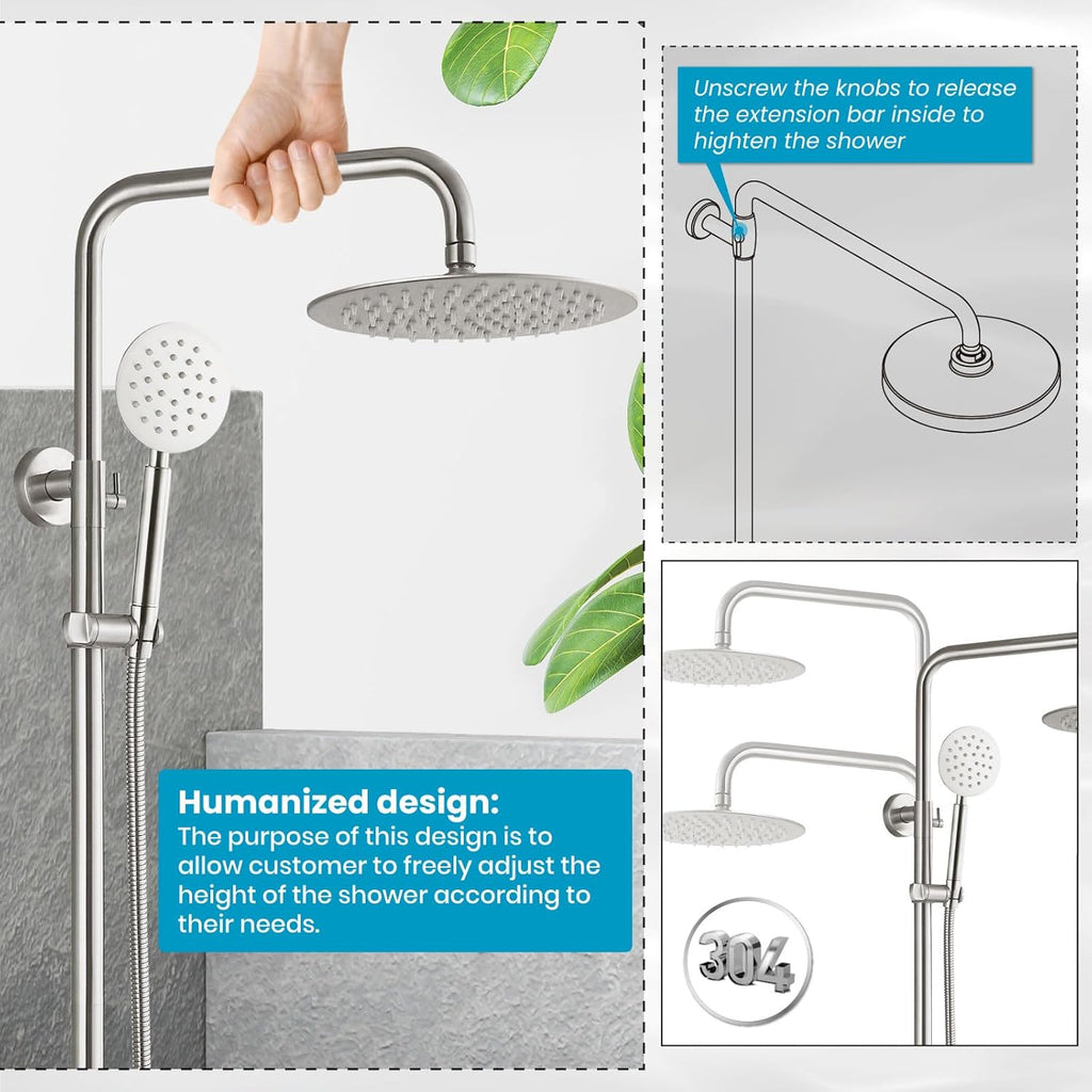 gotonovo SUS304 Outdoor Shower Fixture High Pressure Shower System Combo Wall Mount 2 Dual Function Shower Faucet Set Round Handheld Spray Brushed Nickel Single Handle