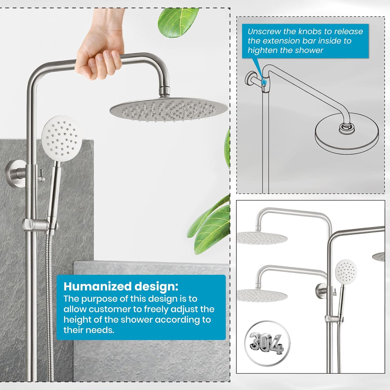 gotonovo SUS304 Outdoor Shower Fixture High Pressure Shower System Combo Wall Mount 2 Dual Function Shower Faucet Set Round Handheld Spray Brushed Nickel Single Handle