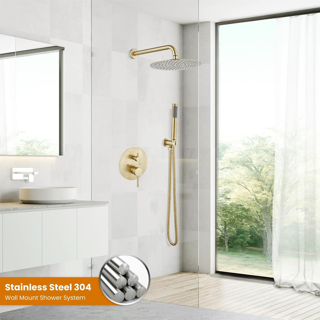 gotonovo Shower System 10 Inch Round Rainfall Showerhead Wall Mounted High Pressure Shower Faucet Set Fixture Combo with Rough in Valve and Cylindrical Handheld Spray, Brushed Gold