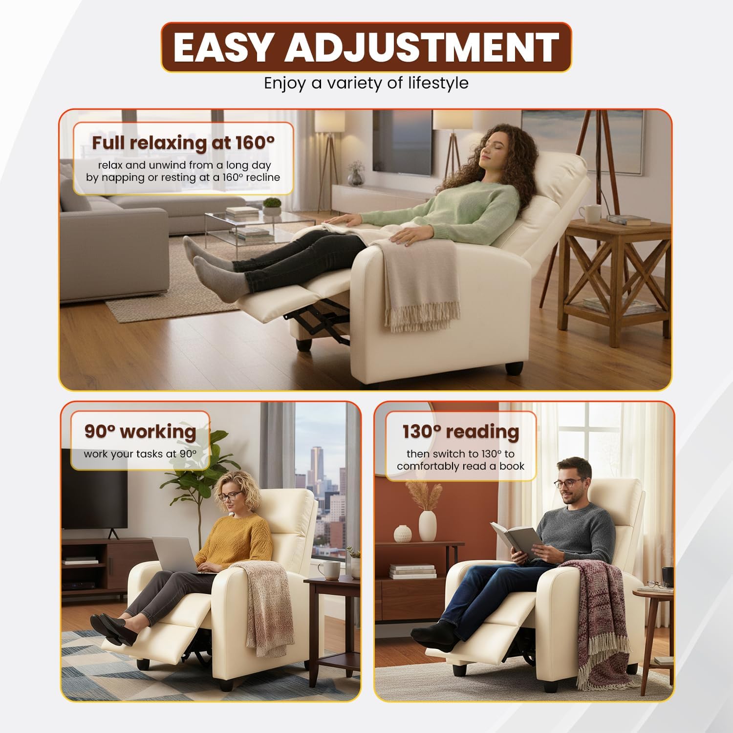 Recliner Chair for Living Room Home Theater Seating Single Reclining Sofa Lounge with Padded Seat Backrest (Beige)