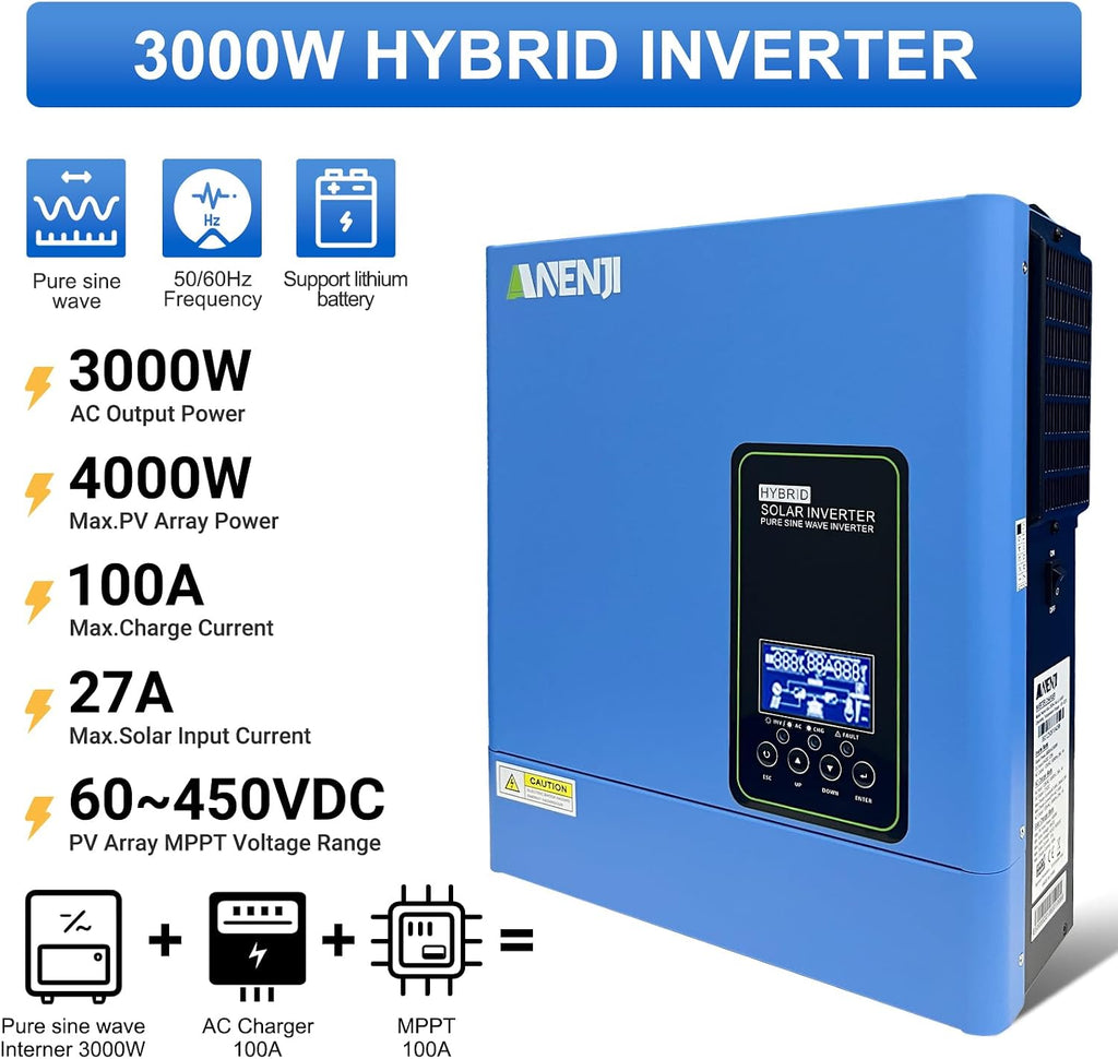 3000W Hybrid Solar Inverter 24V DC to 110V AC, Pure Sine Wave, Built-in 100A MPPT Controller, 98% Efficiency, Solar & Generator Input, Dustproof, for Home Backup RV Off-Grid