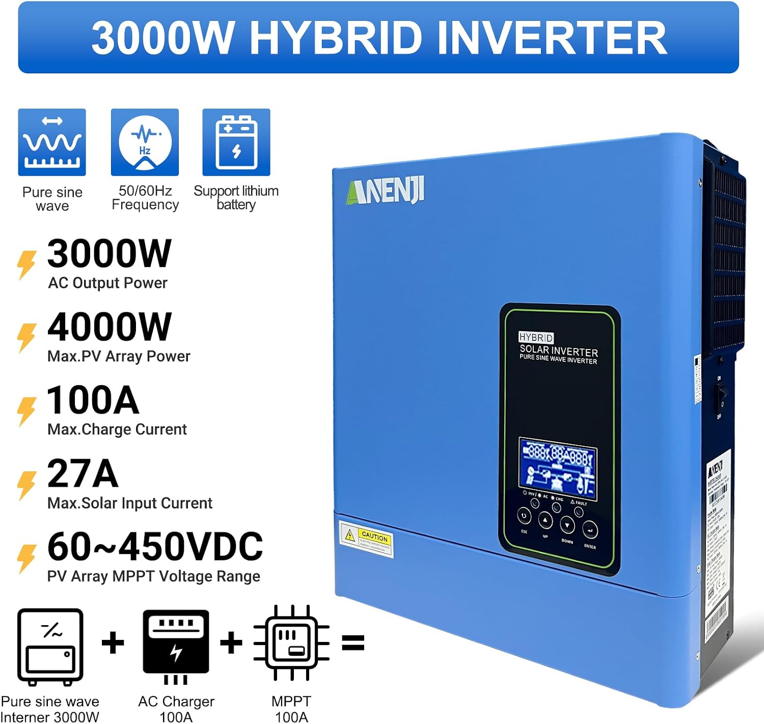 3000W Hybrid Solar Inverter 24V DC to 110V AC, Pure Sine Wave, Built-in 100A MPPT Controller, 98% Efficiency, Solar & Generator Input, Dustproof, for Home Backup RV Off-Grid
