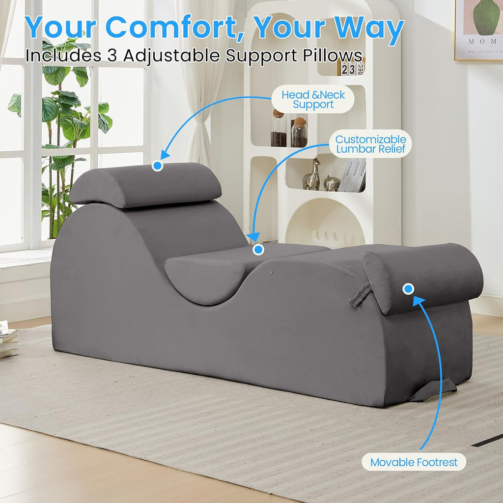 ijuicy 25 Inch Yoga Stretching Chair, Soft Velvet Household Workout Training Chair, Indoor Leisure Lounge Chair with Headrest and Movable Footrest for Body Stretching & Daily Relaxation, Light Grey