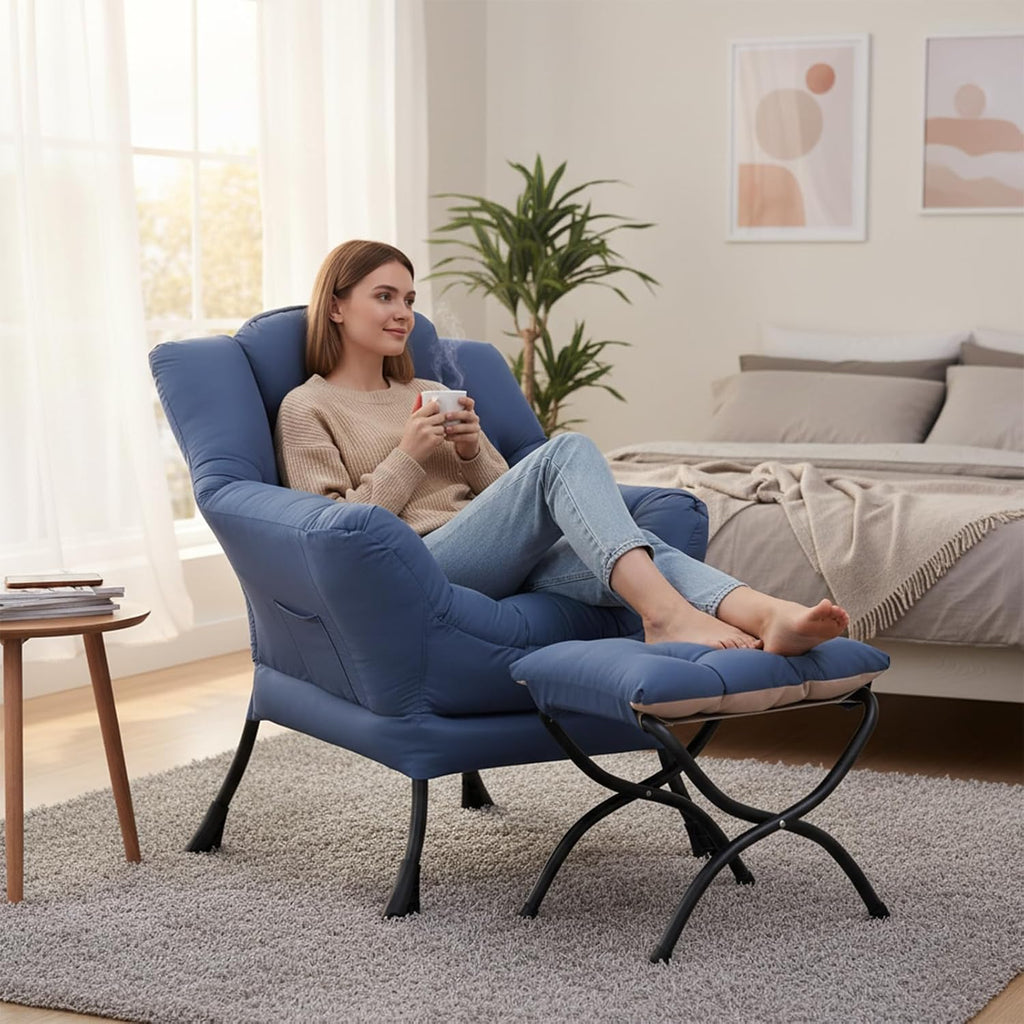 Welnow Lazy Chair with Ottoman, Modern Accent Chair with Armrests and a Side Pocket, Leisure Sofa Armchair, Reading Armchair with Footrest for Small Space, Royal Blue