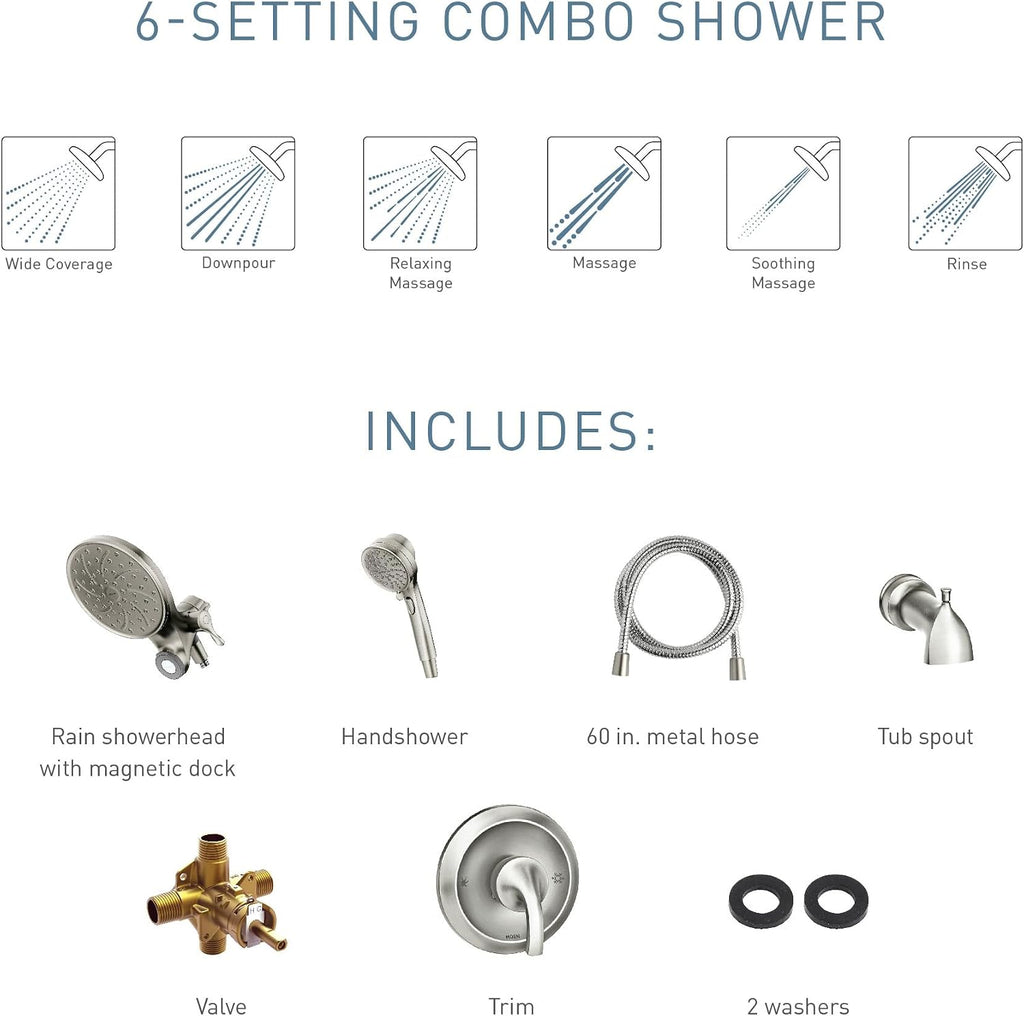 Moen Engage Magnetix Chrome Multi-Function Handshower and Rainfall Shower Head Trim Combo with Shower Handle, Tub Spout, Metal Hose, and Valve, 82304