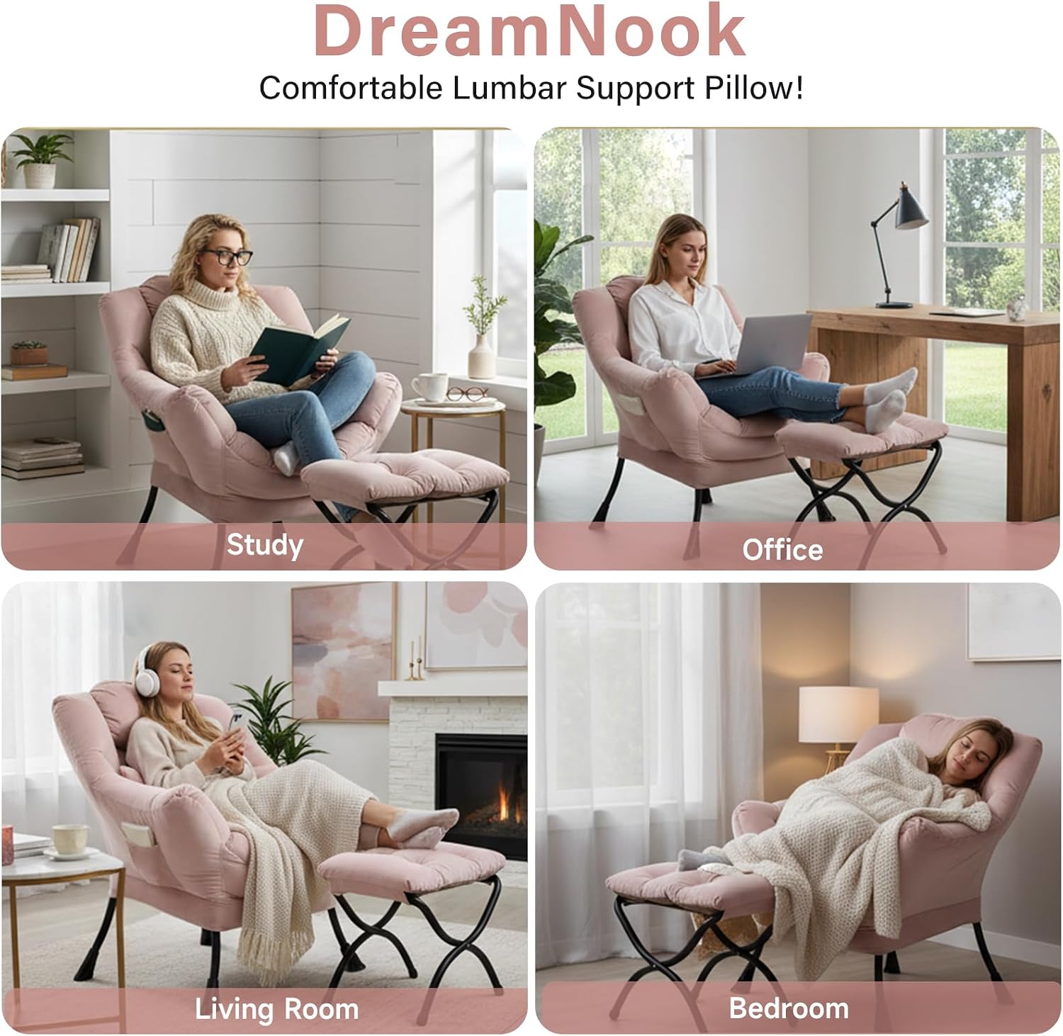 Lazy Chair with Ottoman, Modern Accent Chair with Lumbar Pillow, Velvet Pink Sofa, Armchairs with Folding Footrest, Oversized Supportive Chairs for Bedroom, Reading