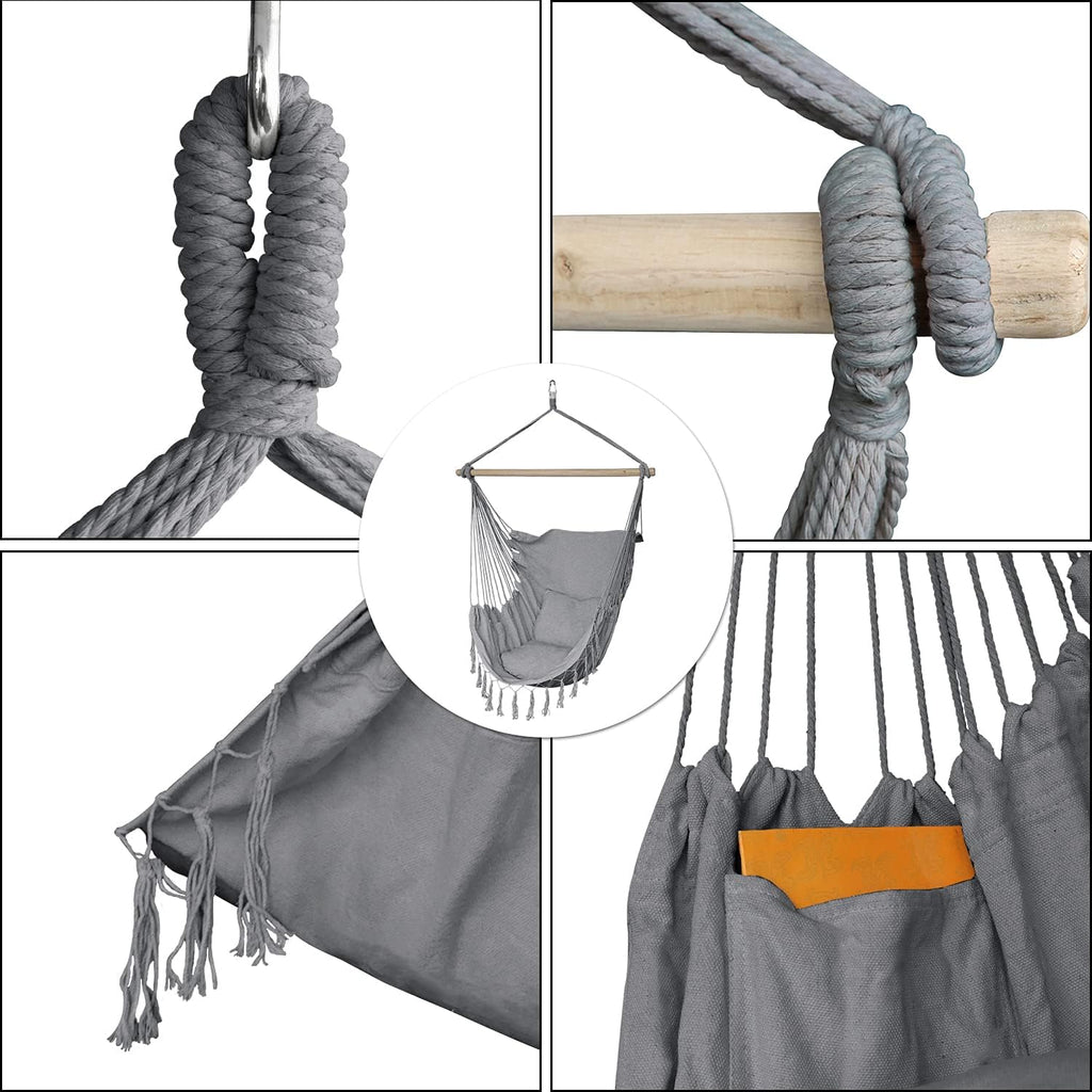 ZLX Hammock Chair Hanging Rope Swing with Hardware Kit and 2 Cushions, Handmade Macrame Hanging Chair for Bedroom Patio Yard Garden, Max 330 Lbs, Grey
