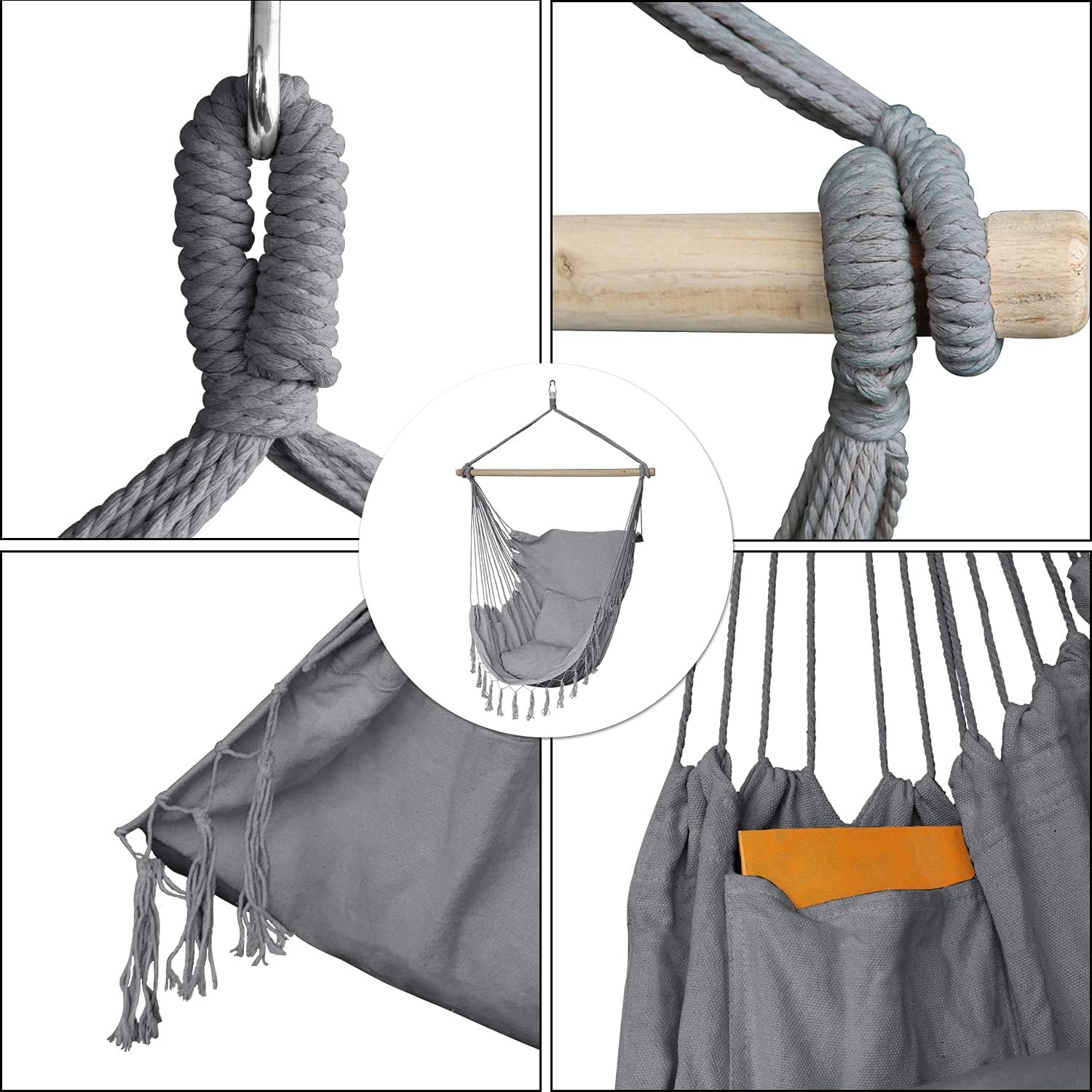 ZLX Hammock Chair Hanging Rope Swing with Hardware Kit and 2 Cushions, Handmade Macrame Hanging Chair for Bedroom Patio Yard Garden, Max 330 Lbs, Grey