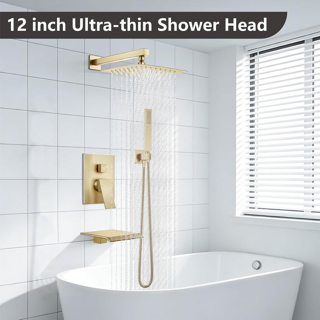 Midanya Shower System with Tub Spout,Bathtub Shower Faucet Set with Square Rainfall Head and Handheld Sprayer Wall Mount Tub Faucet Set with Valve and Trim Kit,12 Inch Brushed Gold