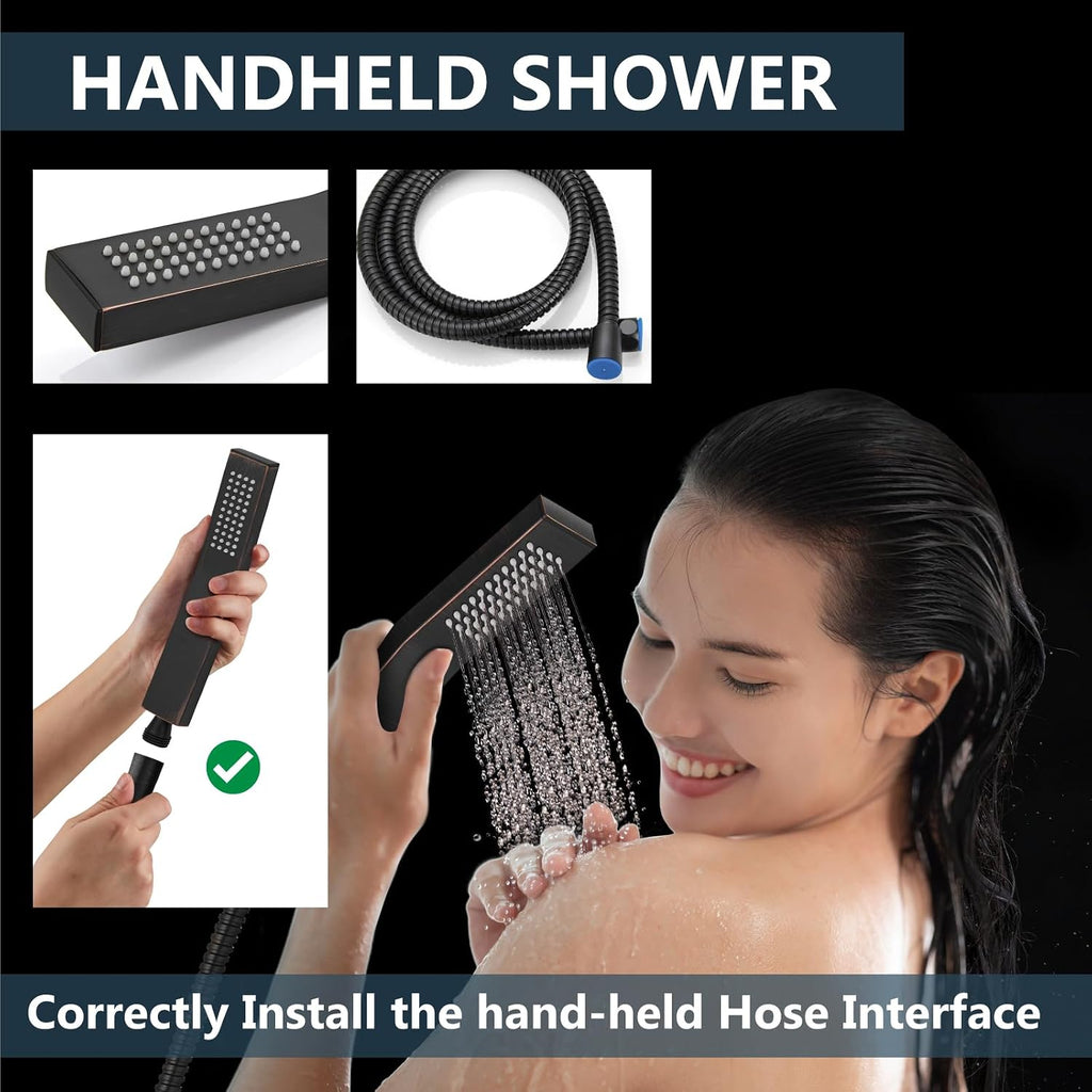 Aolemi Ceiling Mount Shower System Rain Shower Head with Handheld Spray High Pressure Shower Faucet Set Rough-in Valve Shower Trim Kit Included Bathroom Oil Rubbed Bronze 12 Inch Ceiling Shower Head