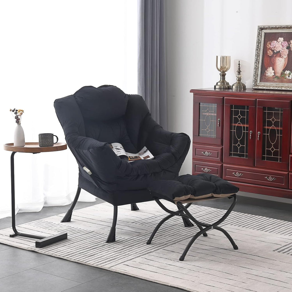 Welnow Lazy Chair with Ottoman, Modern Accent Chair with Armrests and a Side Pocket, Leisure Sofa Armchair, Reading Armchair with Footrest for Small Space, Black
