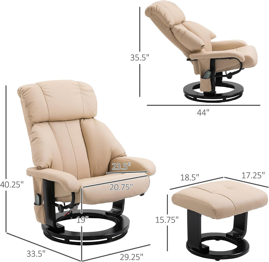 HOMCOM Massage Recliner Chair with Ottoman, 360° Swivel Recliner and Footstool, 10 Point Vibration, PU Leather Reclining Chair with Side Pocket and Remote Control, Beige