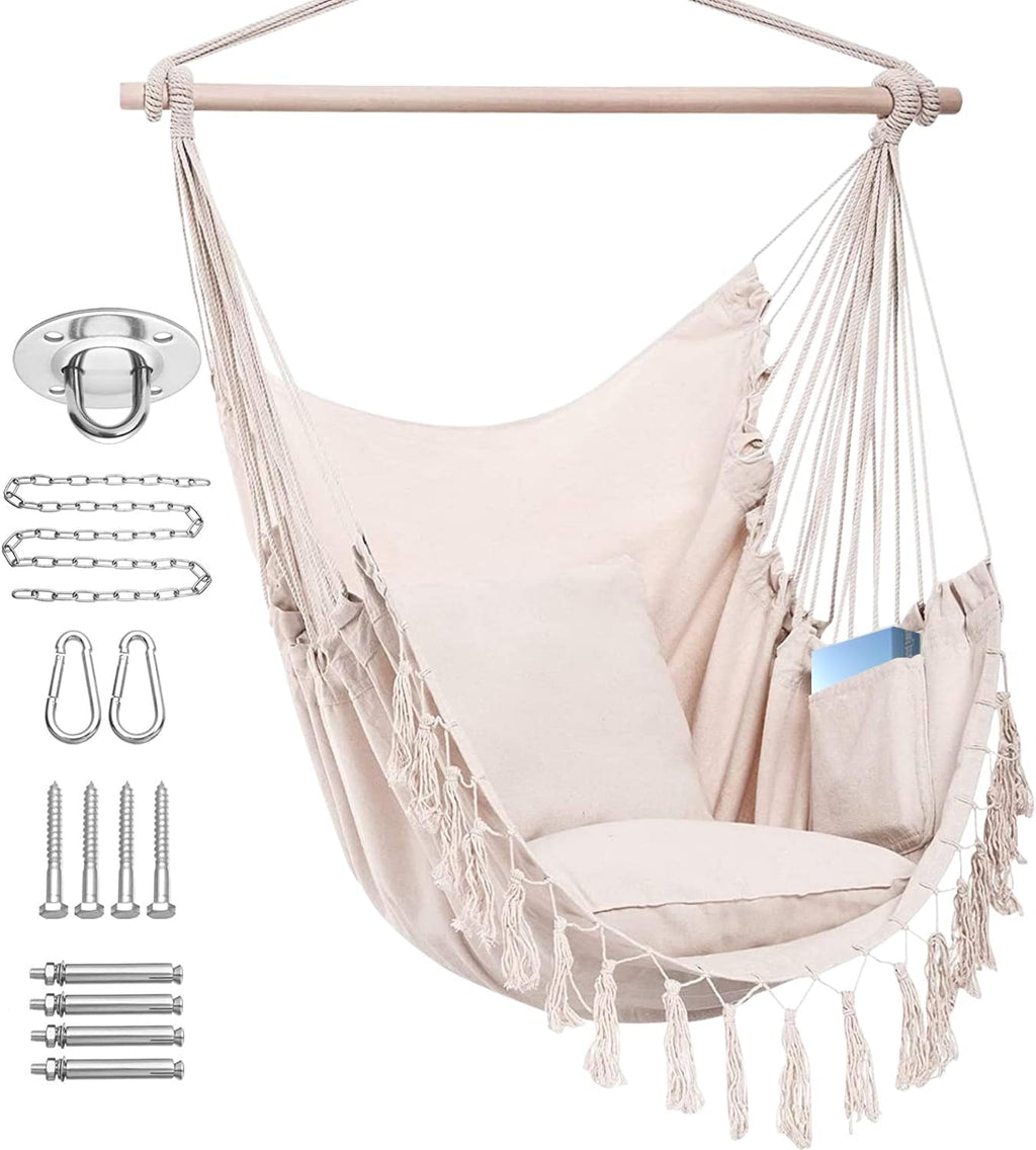 ZLX Hammock Chair Hanging Rope Swing with Hardware Kit and 2 Cushions, Handmade Macrame Hanging Chair for Bedroom Patio Yard Garden, Max 330 Lbs, Beige