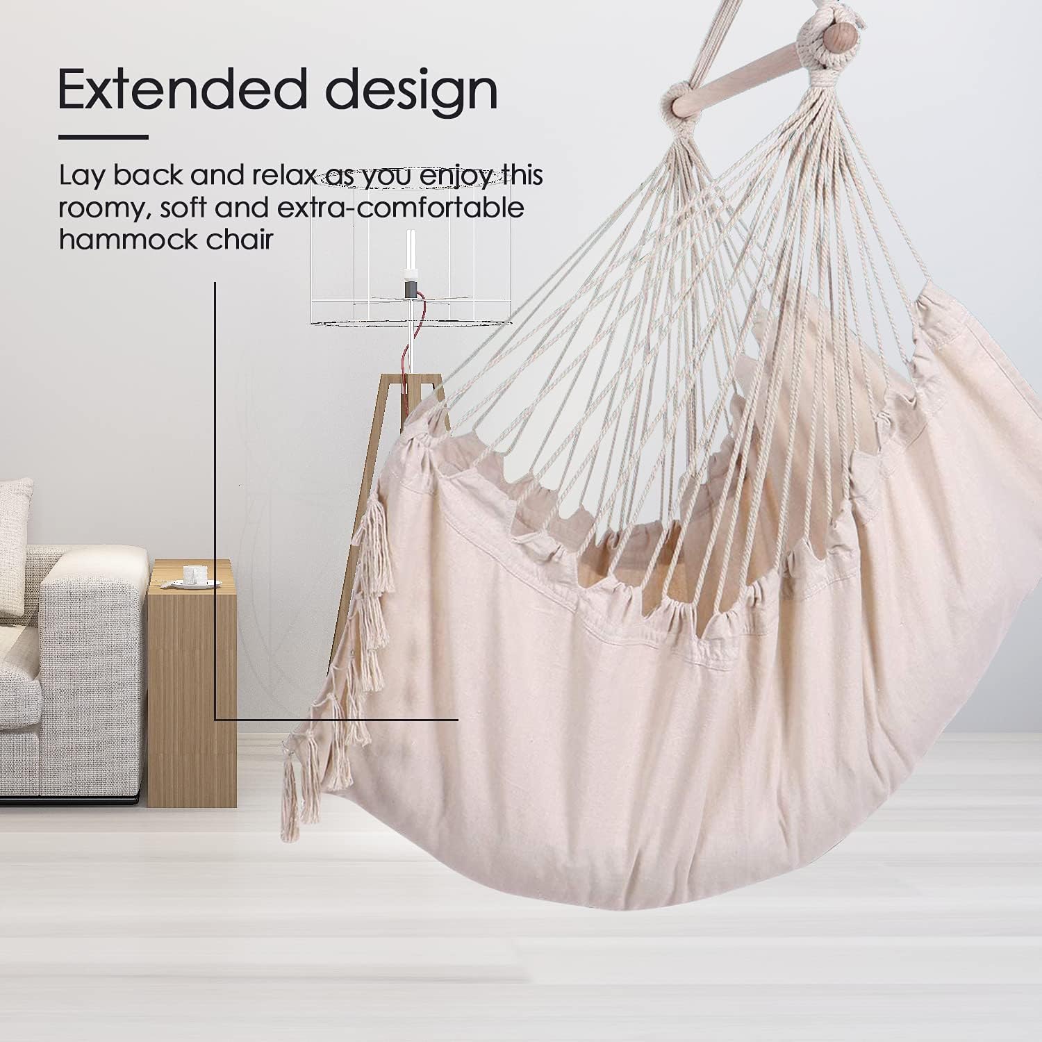 ZLX Hammock Chair Hanging Rope Swing with Hardware Kit and 2 Cushions, Handmade Macrame Hanging Chair for Bedroom Patio Yard Garden, Max 330 Lbs, Beige