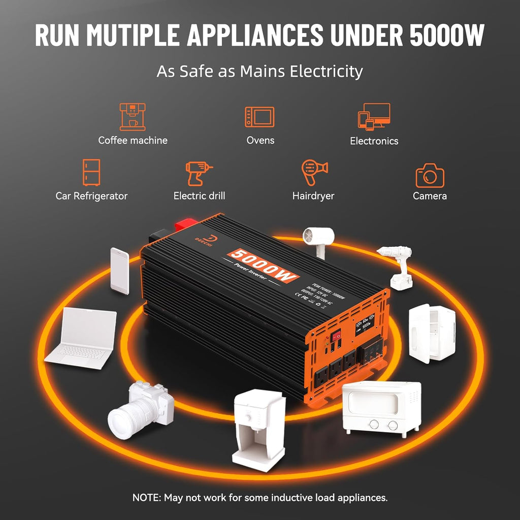 5000W Power Inverter 12V DC to 110V/120V AC Converter for RV/Truck/Boat/Camping/Off-Grid Solar Car Power Inverter Peak Power 10000W with 3 AC Outlets,USB & Type-C Port, Remote Controller & LCD Screen