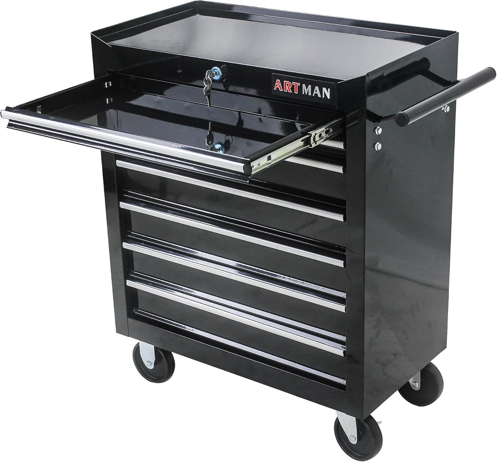 7 Drawer Tool Cart: Multifunctional US General Tool Box on Wheels and Rolling Toolbox (Black)