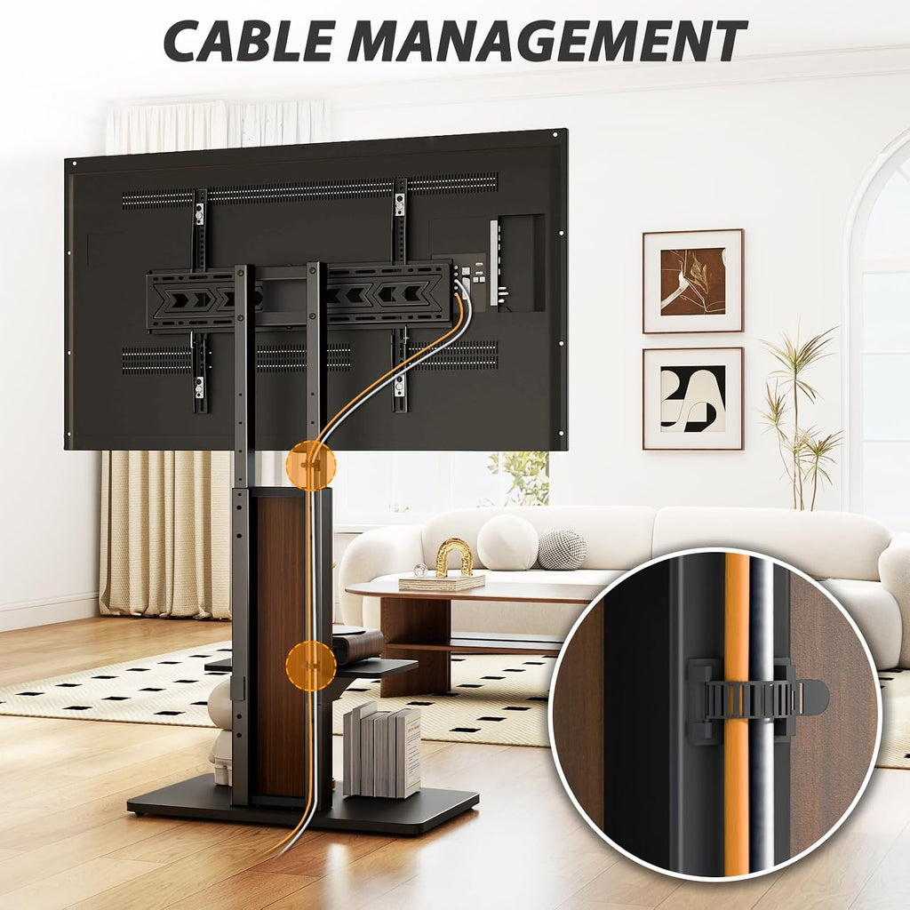TVON Heavy Duty Floor TV Stand for 55-90 inch Large TVs up to 150 lbs, Tall TV Stand with Height Adjustable Mount, Universal TV Mount Stand with Large Storage Shelf and Wooden Base, Black and Walnut