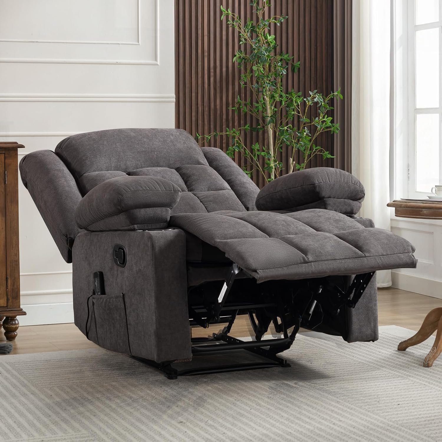 EBELLO Manual Recliner Chair for Adults with Vibration Massage and Lumbar Heating, Soft Fabric Recliner Single Sofa with Side Pocket and Two Cup Holders for Living Room, Grey