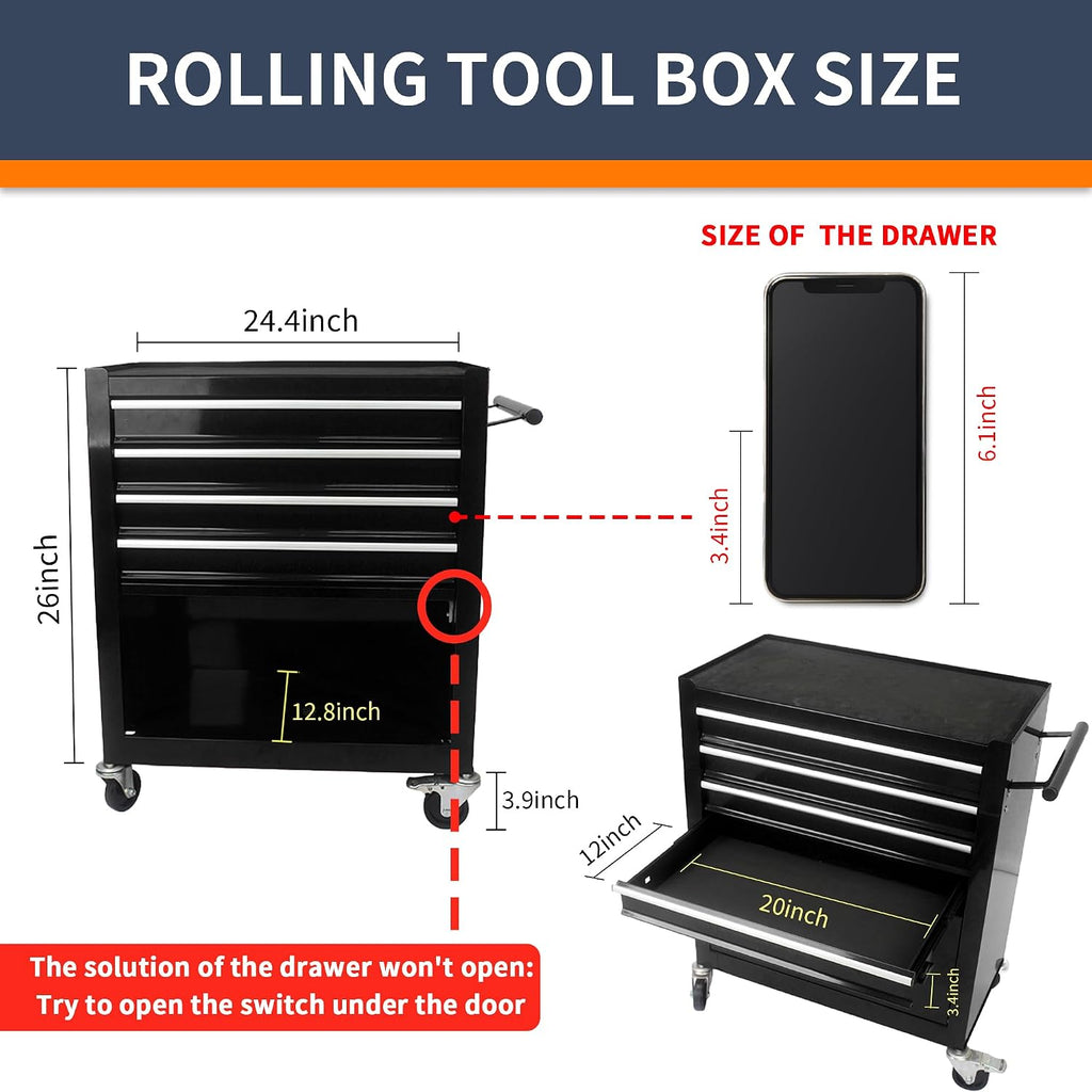 4-Drawer Black Tool Box on Wheels, Rolling Tool Cart, Lockable Home Repair Tool Storage Organizer for Mechanic, Garage
