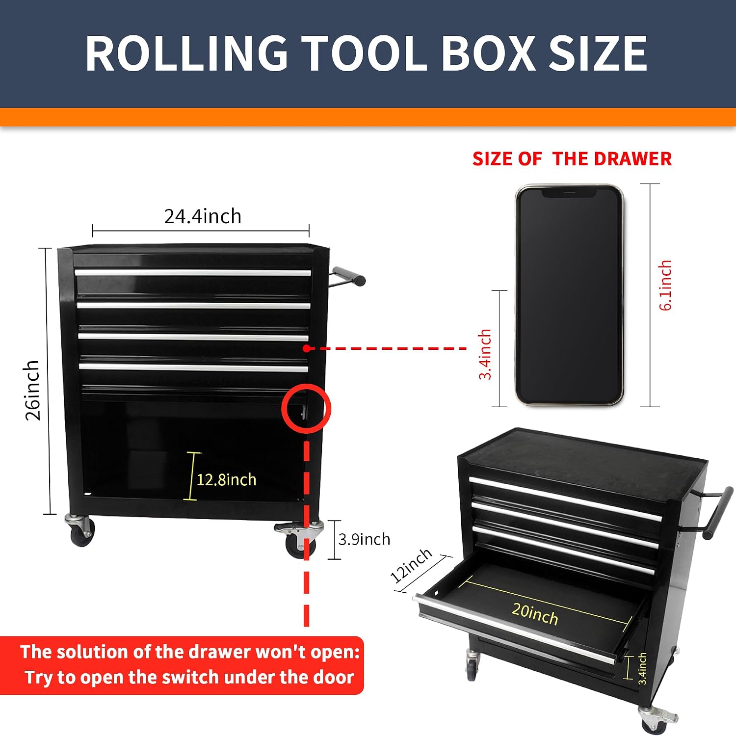 4-Drawer Black Tool Box on Wheels, Rolling Tool Cart, Lockable Home Repair Tool Storage Organizer for Mechanic, Garage