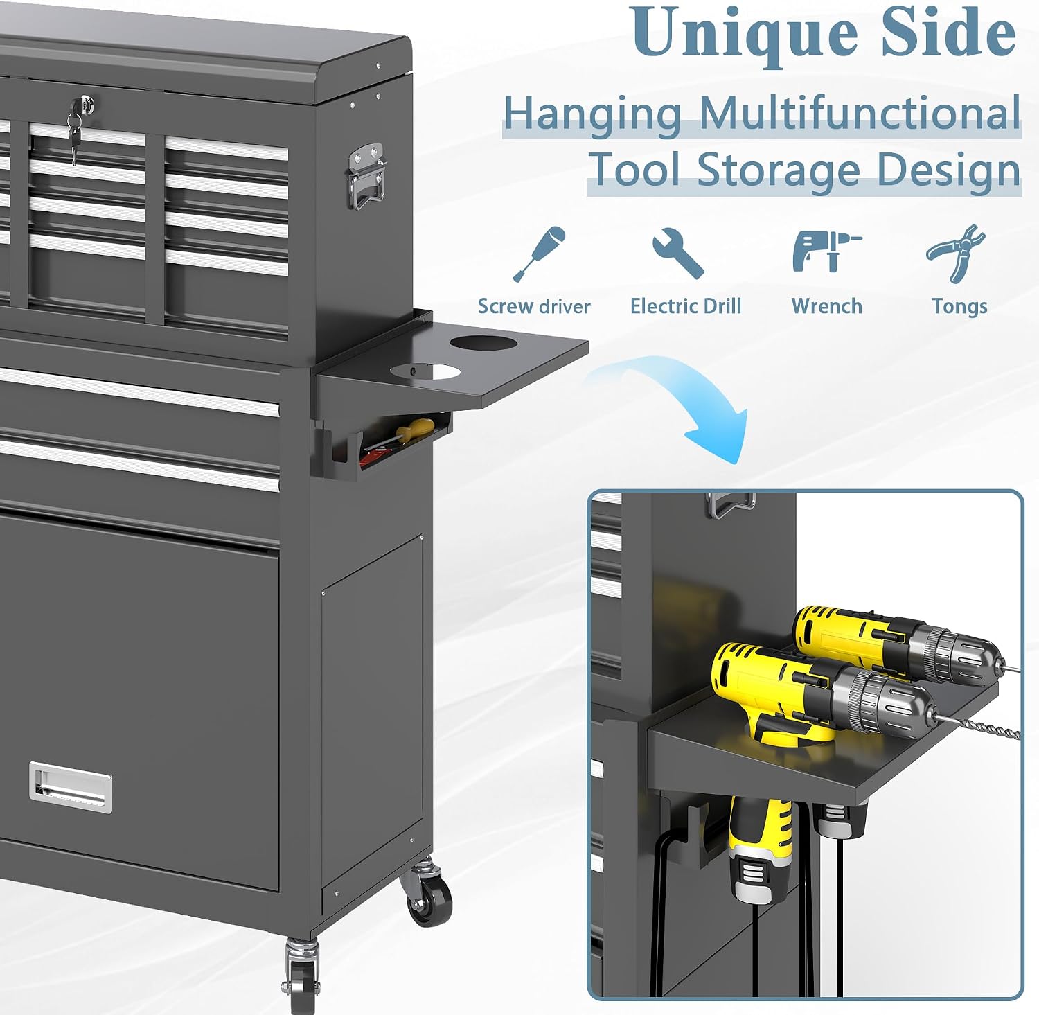Tool Chest, 8 Drawers Rolling Tool Chest with Wheels, Removable Cabinet Storage Tool Box with Hooks and Liners,Universal Lockable Wheels, Metal Tool Storage Cart, Tool Box for Garage, Workshop