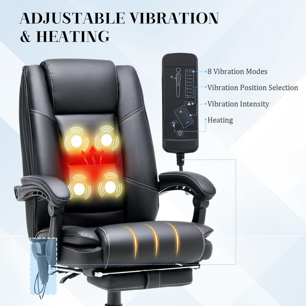 HOMREST 4-Point Massage Executive Office Chair with Footrest,Heated Reclining Chair with Lumbar Back Support,Ergonomic Desk Chair with Armrest, Computer Desk Chair for Home Office(Black)