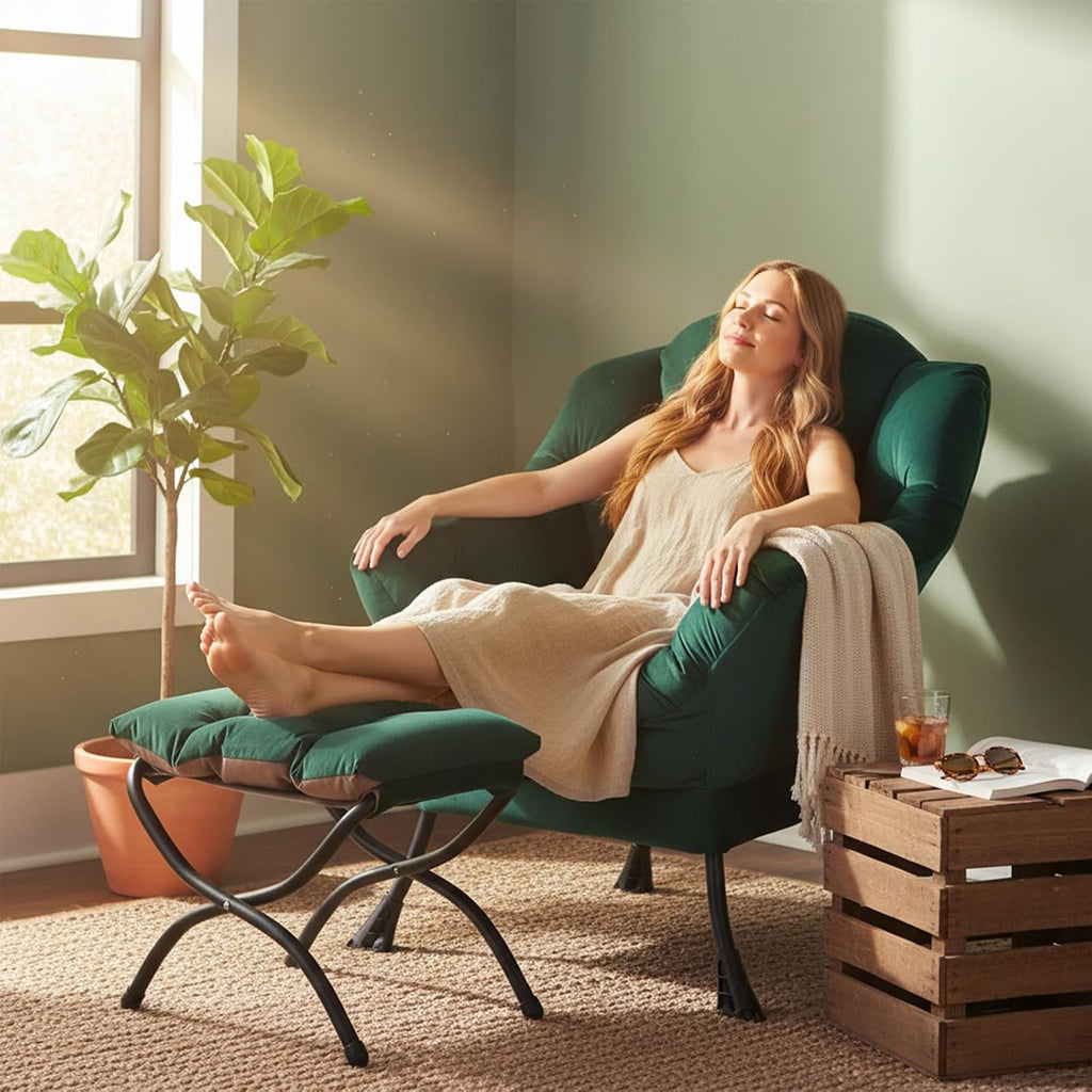 Welnow Lazy Chair with Ottoman, Modern Accent Chair with Armrests and a Side Pocket, Leisure Sofa Armchair, Reading Armchair with Footrest for Small Space, Dark Green