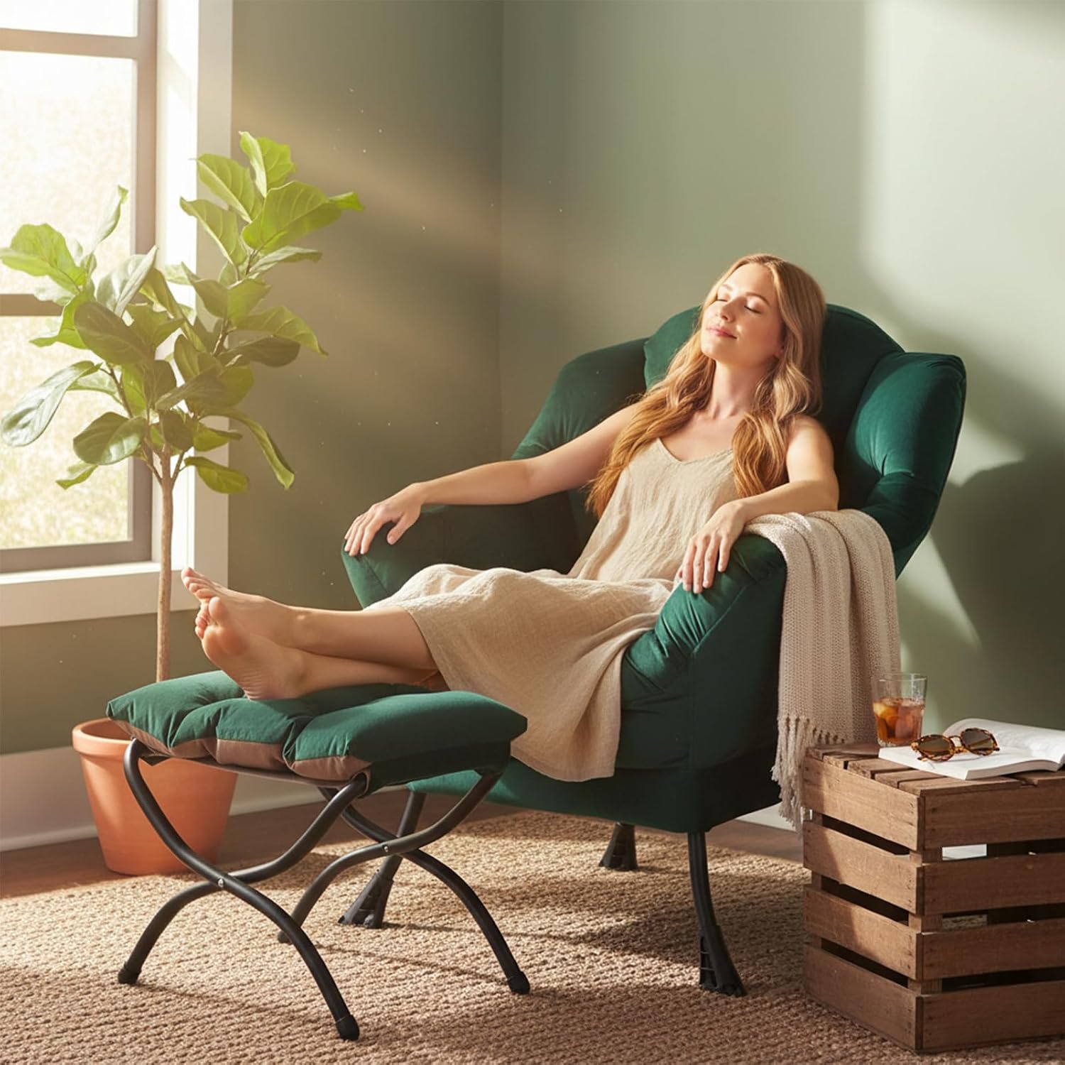 Welnow Lazy Chair with Ottoman, Modern Accent Chair with Armrests and a Side Pocket, Leisure Sofa Armchair, Reading Armchair with Footrest for Small Space, Dark Green
