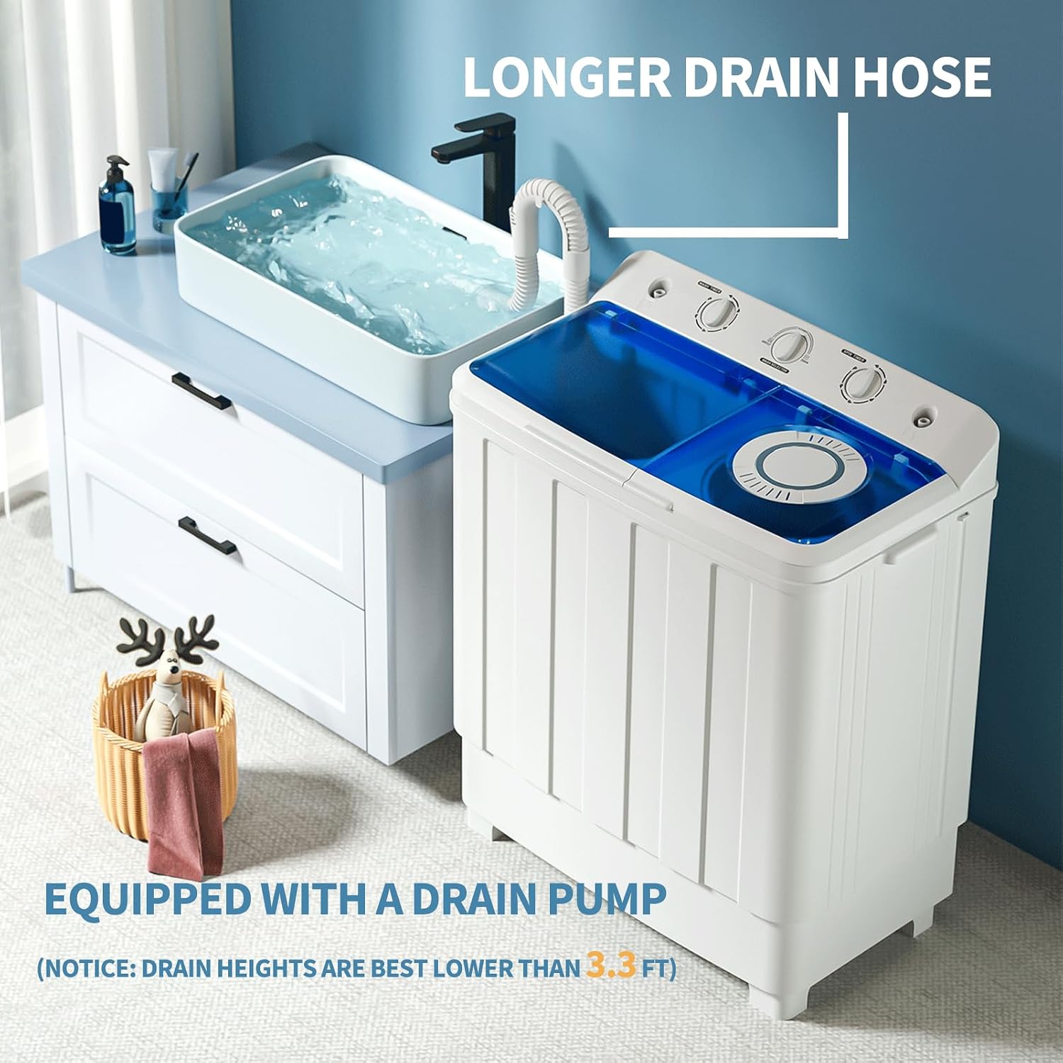 VCJ Portable Washing Machine, Twin Tub Washing Machine Laundry Compact Washer spinner Combo with 28lbs capacity, 18Lbs Washer and 10Lbs Spinner dryer for Apartments RVs and Dorms