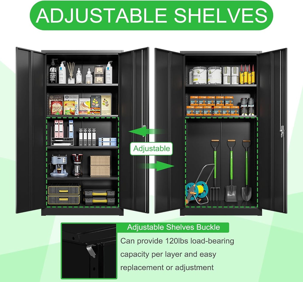 Locking Metal Storage Cabinet with 2 Door and 4 Adjustable Shelves, Black Lockable Garage Storage Cabinet for Home, Office, Utility Room, H70.87×W35.43×D17.72